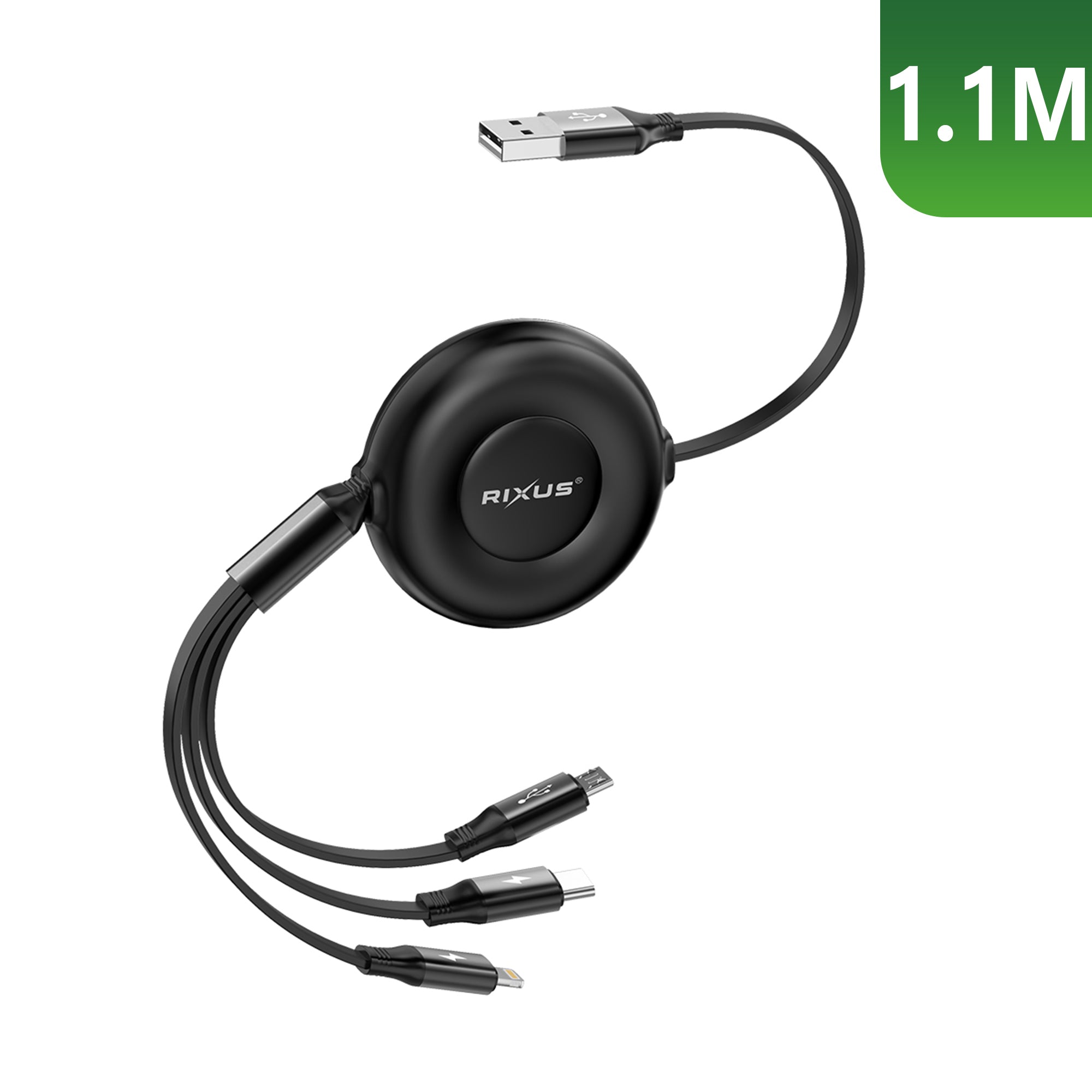 Rixus RXUC25 Multi Charging 3 In 1 Retractable Fast Charger Kabel Black