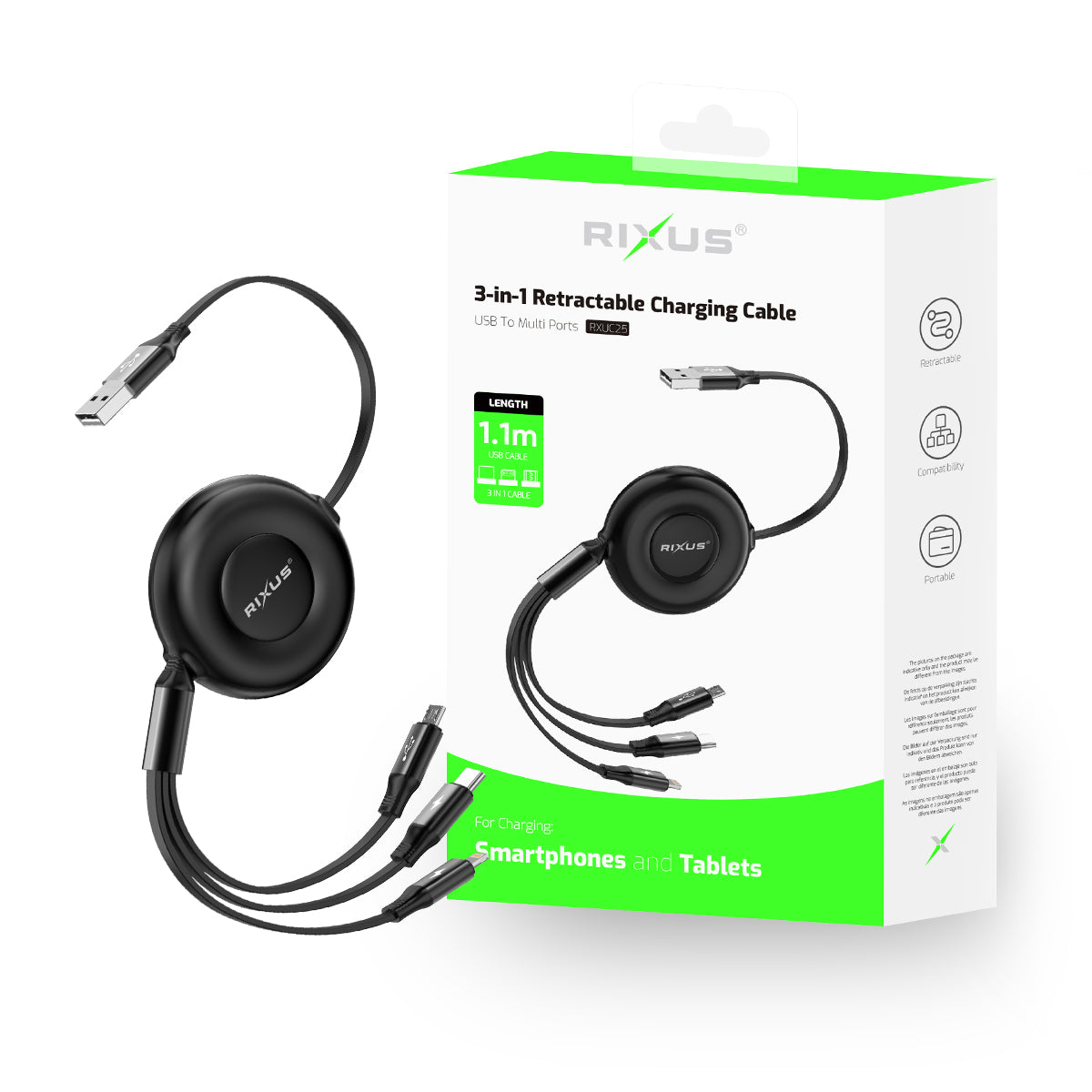 Rixus RXUC25 Multi Charging 3 In 1 Retractable Fast Charger Kabel Black – Bild 4