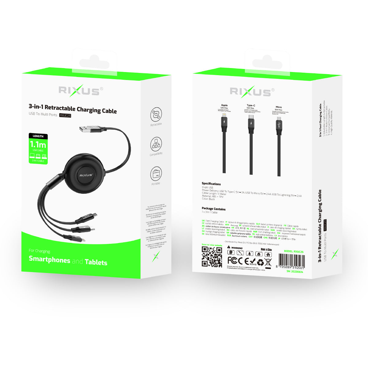 Rixus RXUC25 Multi Charging 3 In 1 Retractable Fast Charger Kabel Black – Bild 5