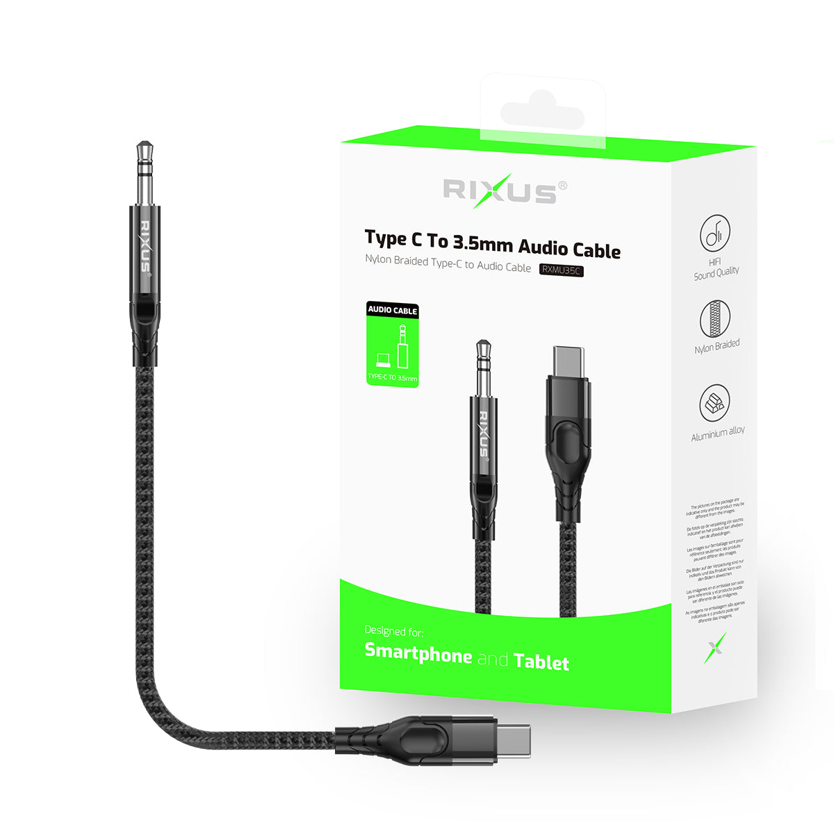 Rixus RXMU35C 3.5mm AUX To USB-C Braided Audio Kabel 1.2m Black – Bild 4