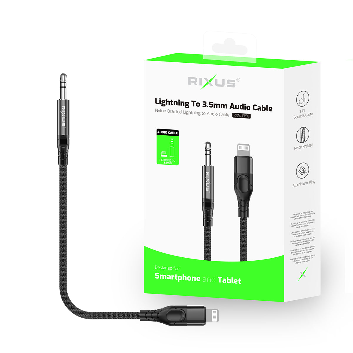 Rixus RXMU35L 3.5mm AUX To Lightning Anschluss Braided Audio Kabel 1.2m Black – Bild 4
