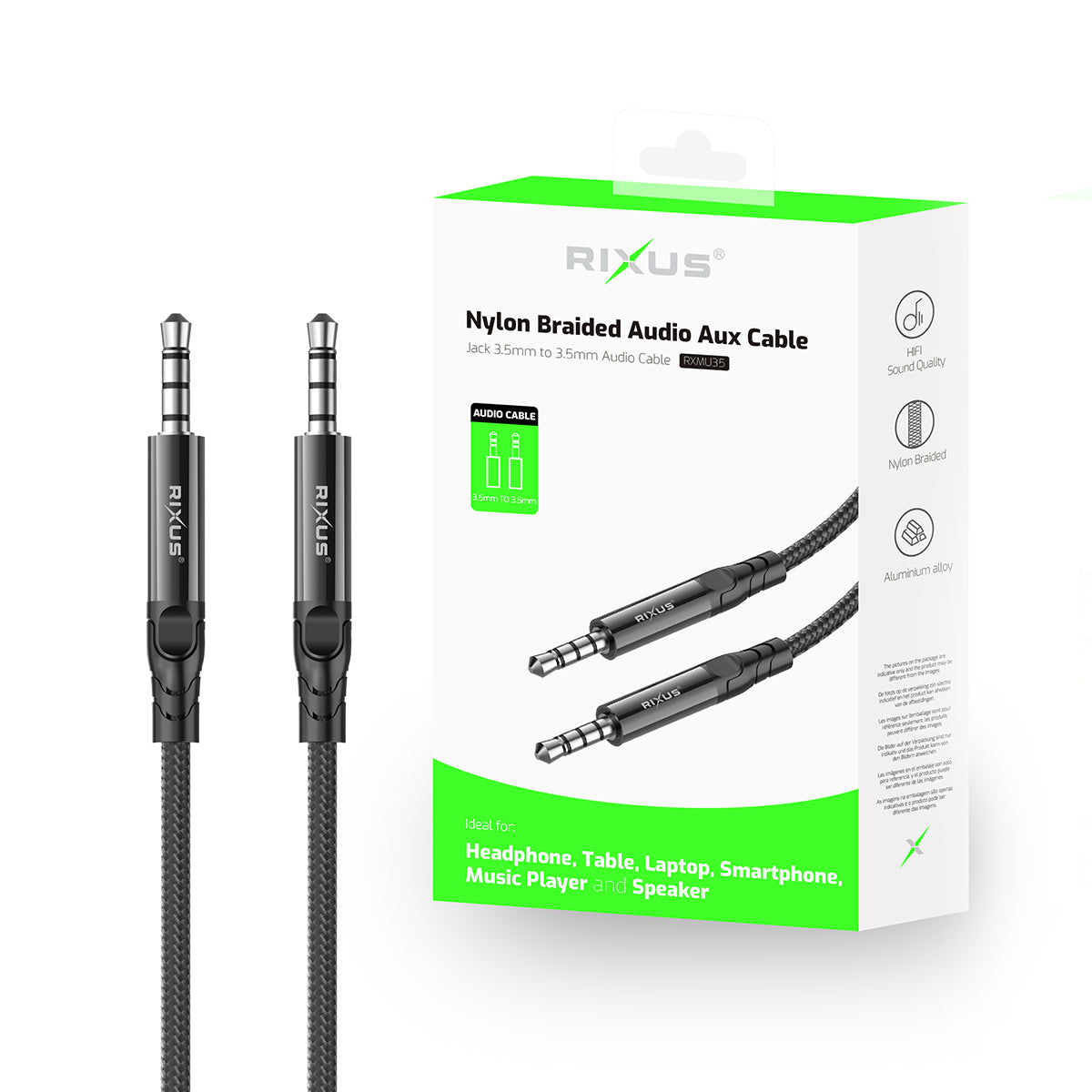 Rixus RXMU35 3.5mm AUX To 3.5mm AUX Braided Audio Kabel 1.2m Black – Bild 4