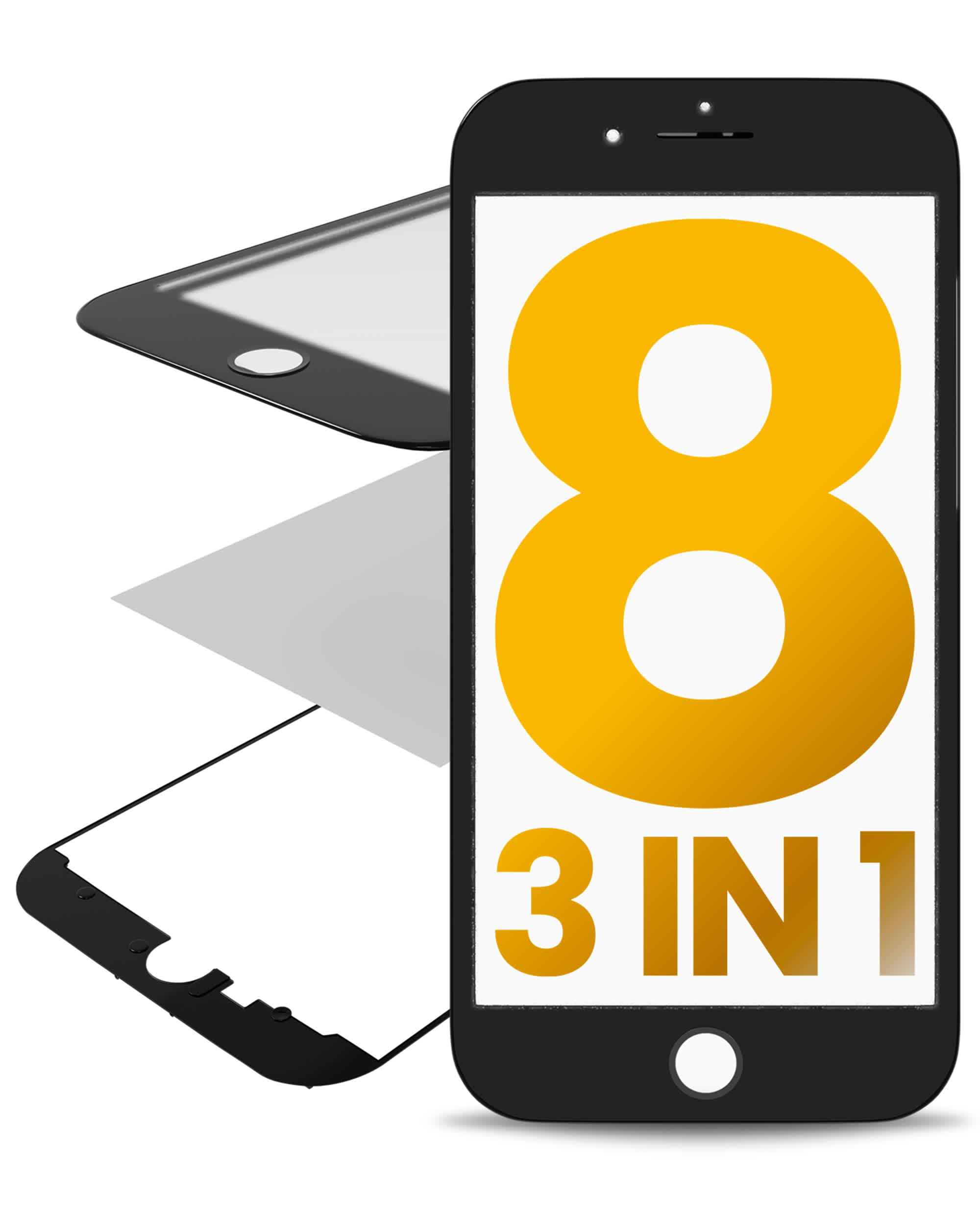 3 in 1 (Glas mit OCA vormontiert + Rahmen) für iPhone 8 (OCA Master) (2er-Pack) (Black (Schwarz))
