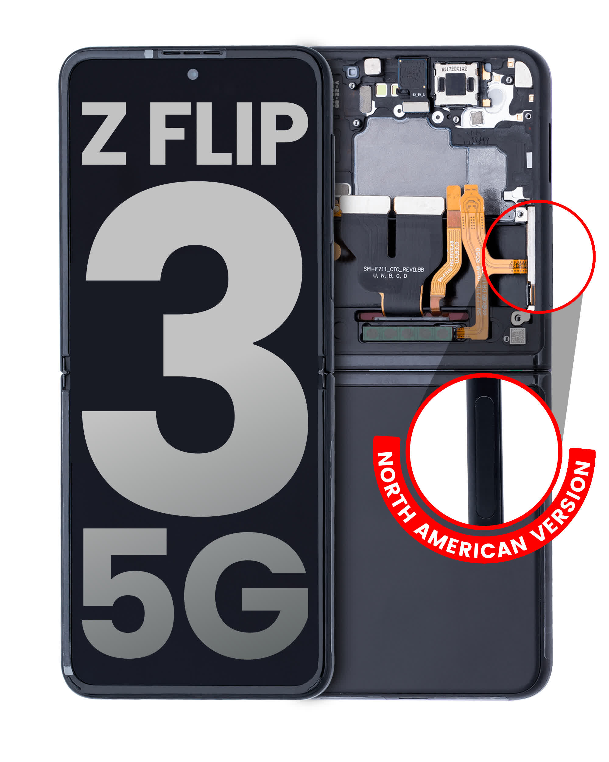 Inner OLED Display mit Rahmen für Samsung Galaxy Z Flip 3 5G (US & International) (ausgebautes Originalteil: Grade A) (Phantom Black)