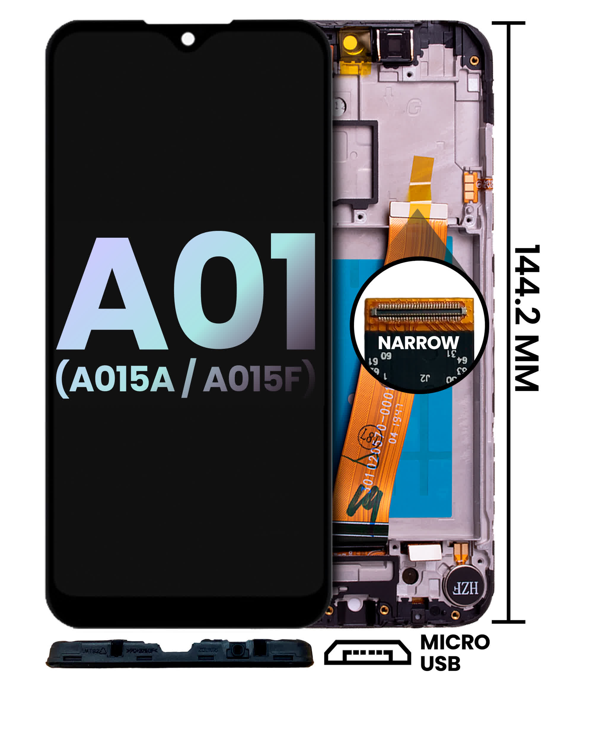 LCD Display mit Rahmen für Samsung Galaxy A01 (A015A / A015F) (Micro USB Rahmen / Narrow FPC-Anschluss) (Service Pack)