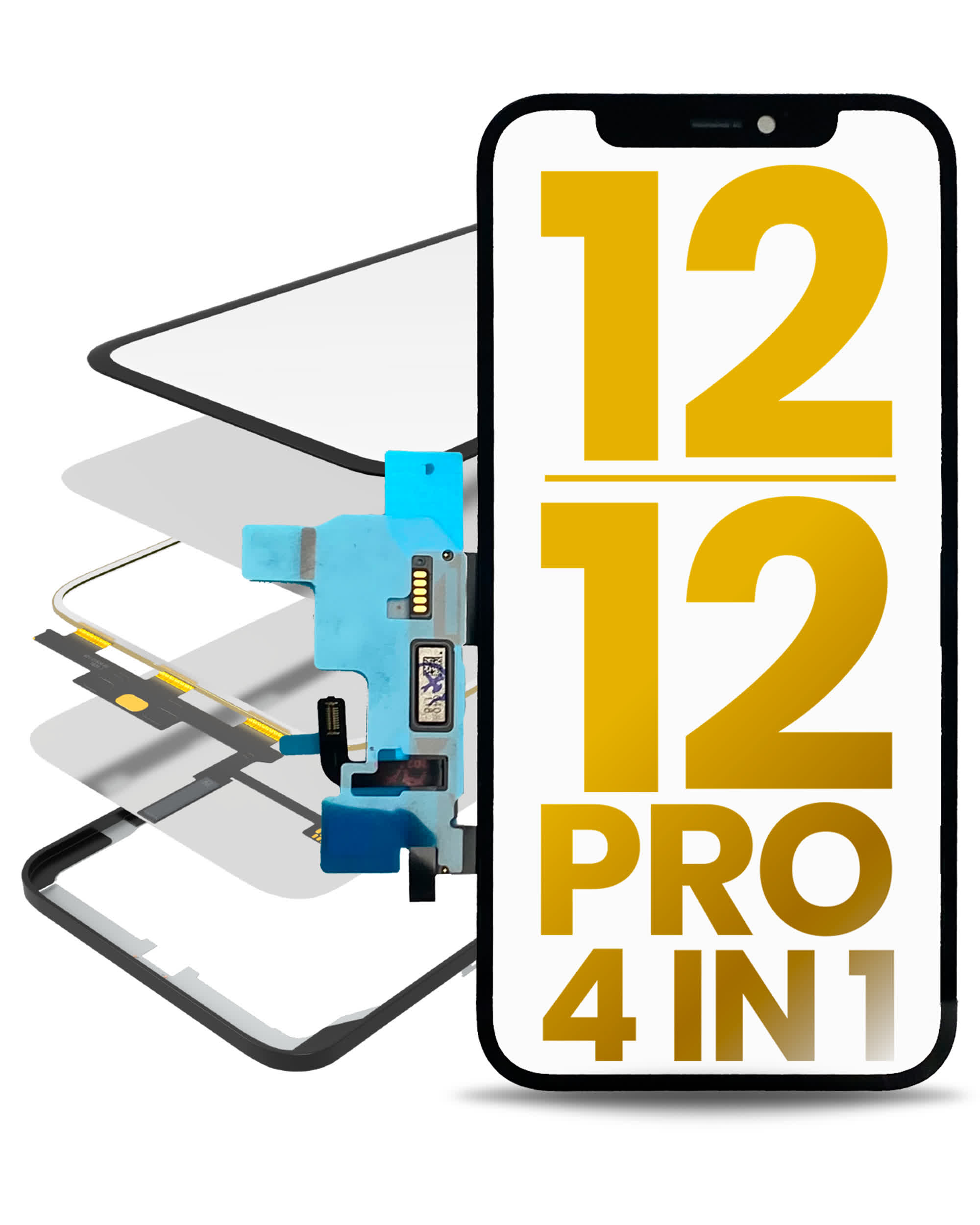 4 in 1 Short Flex (Touchscreen-Digitizer Touch mit Glas + OCA + Rahmen vormontiert) für iPhone 12 / 12 Pro (OCA Master)