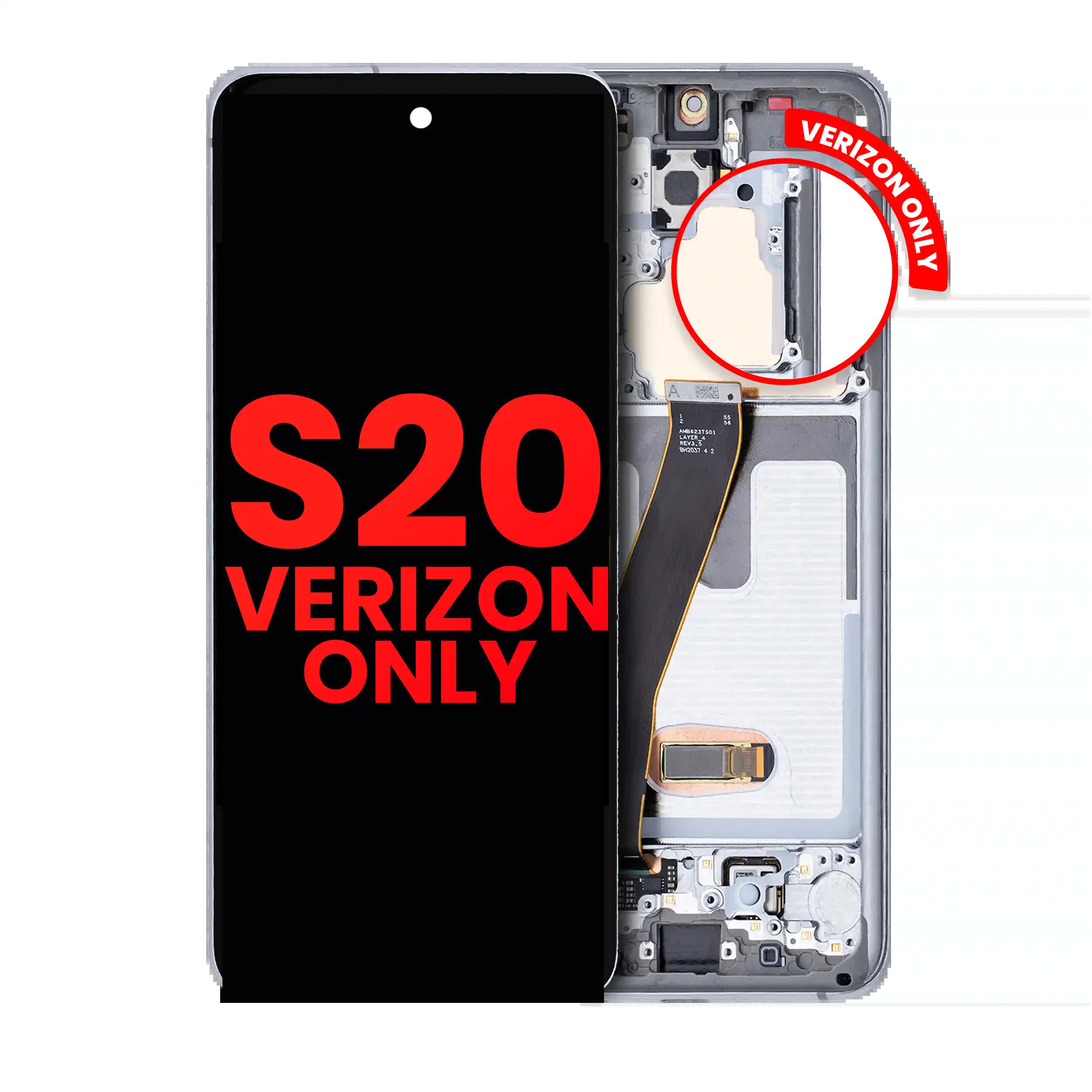 OLED Display mit Rahmen für Samsung Galaxy S20 5G (Verizon 5G UW Rahmen einzeln) (Aftermarket Plus) (Cloud White)