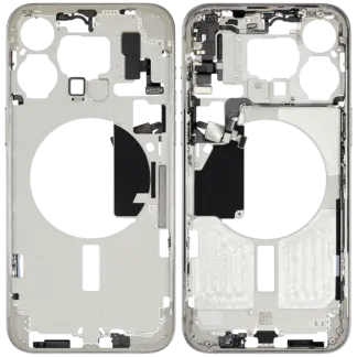 Mittelrahmen mit Kleinteilen für iPhone 15 Pro Max (EU / globale Version) (ausgebautes Originalteil: Grade B) (Titan Weiß)
