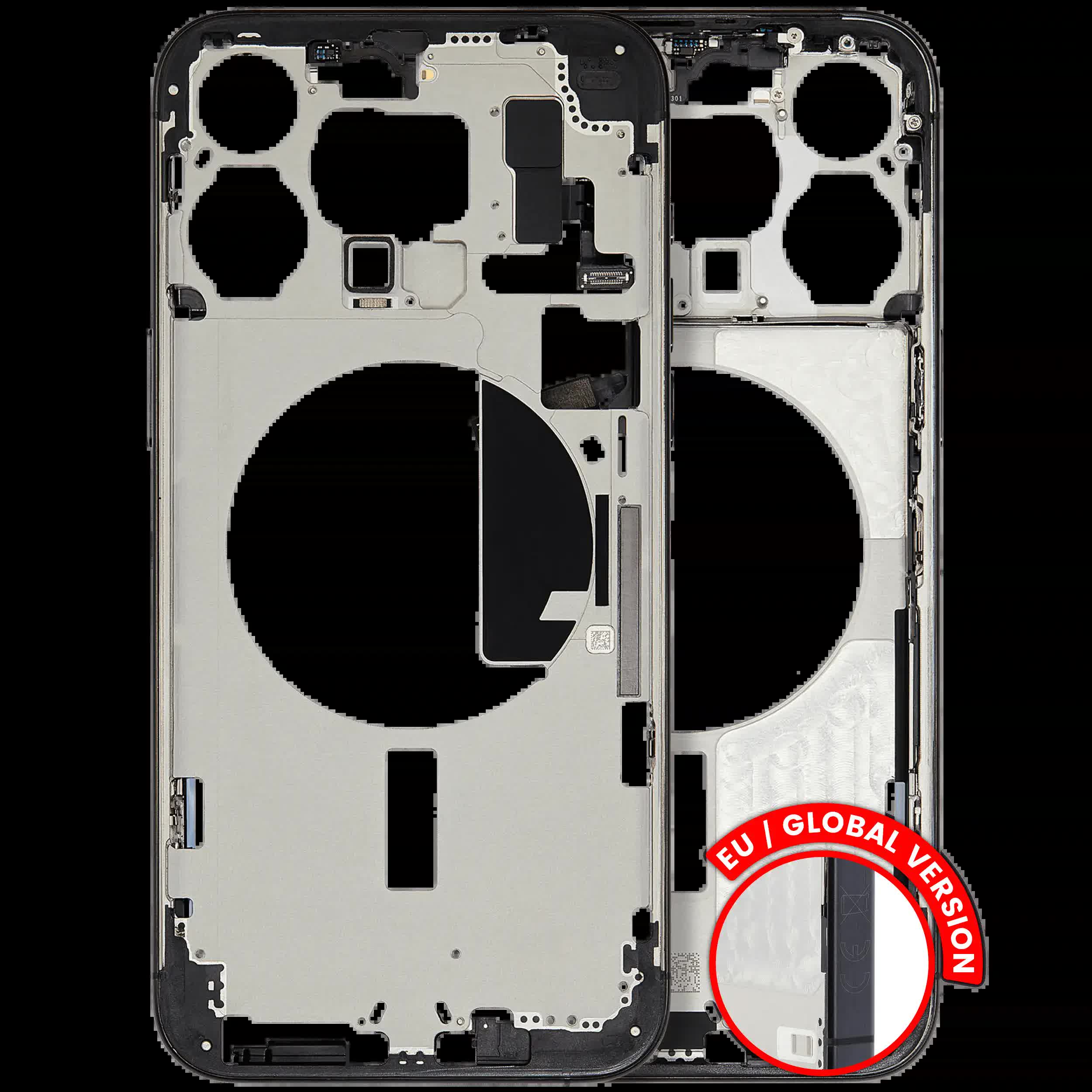 Mittelrahmen mit Kleinteilen für iPhone 15 Pro Max (EU / globale Version) (ausgebautes Originalteil: Grade C) (Black Titanium)