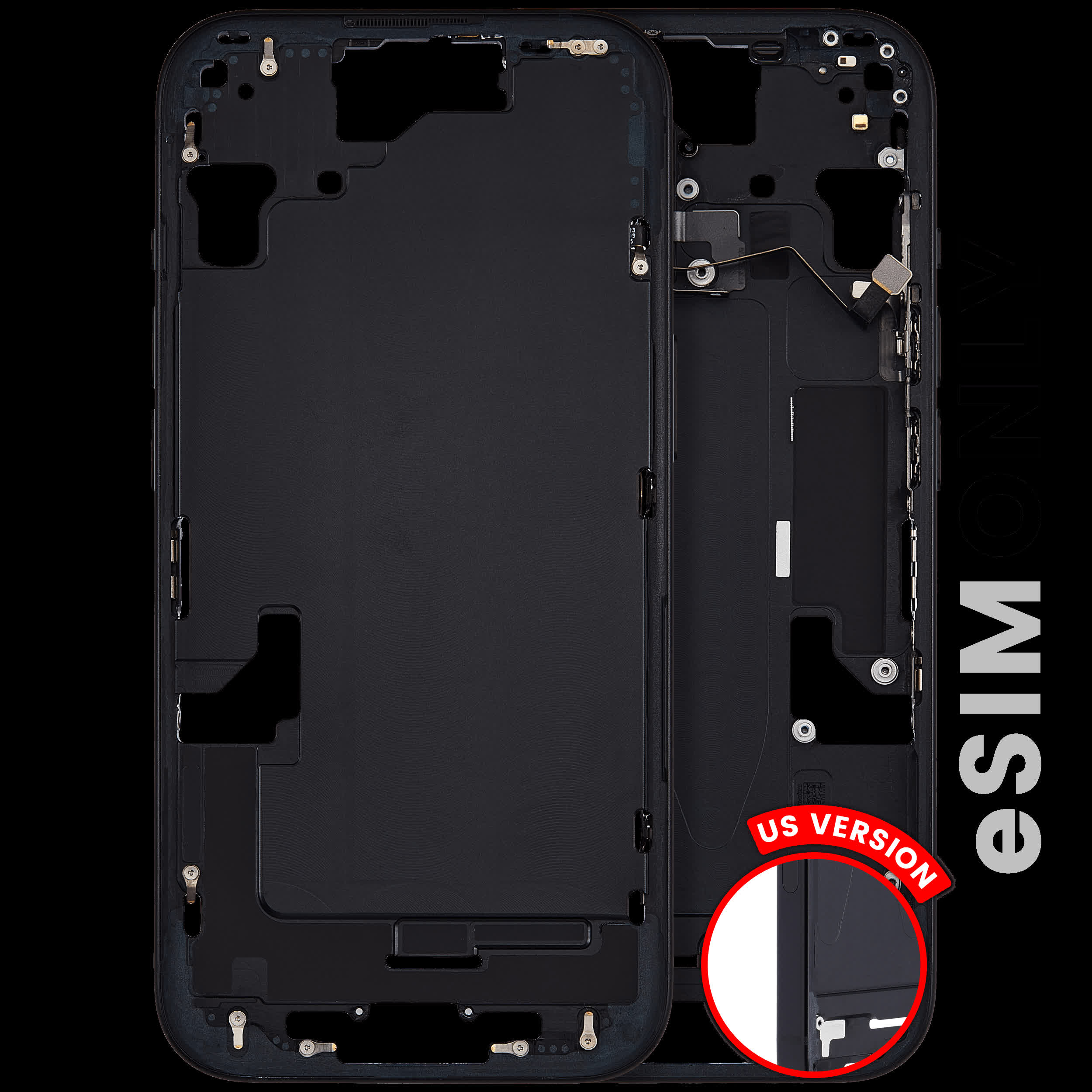 Mittelrahmen mit Kleinteilen für iPhone 15 (US-Version) (ausgebautes Originalteil: Grade B) (Black (Schwarz))