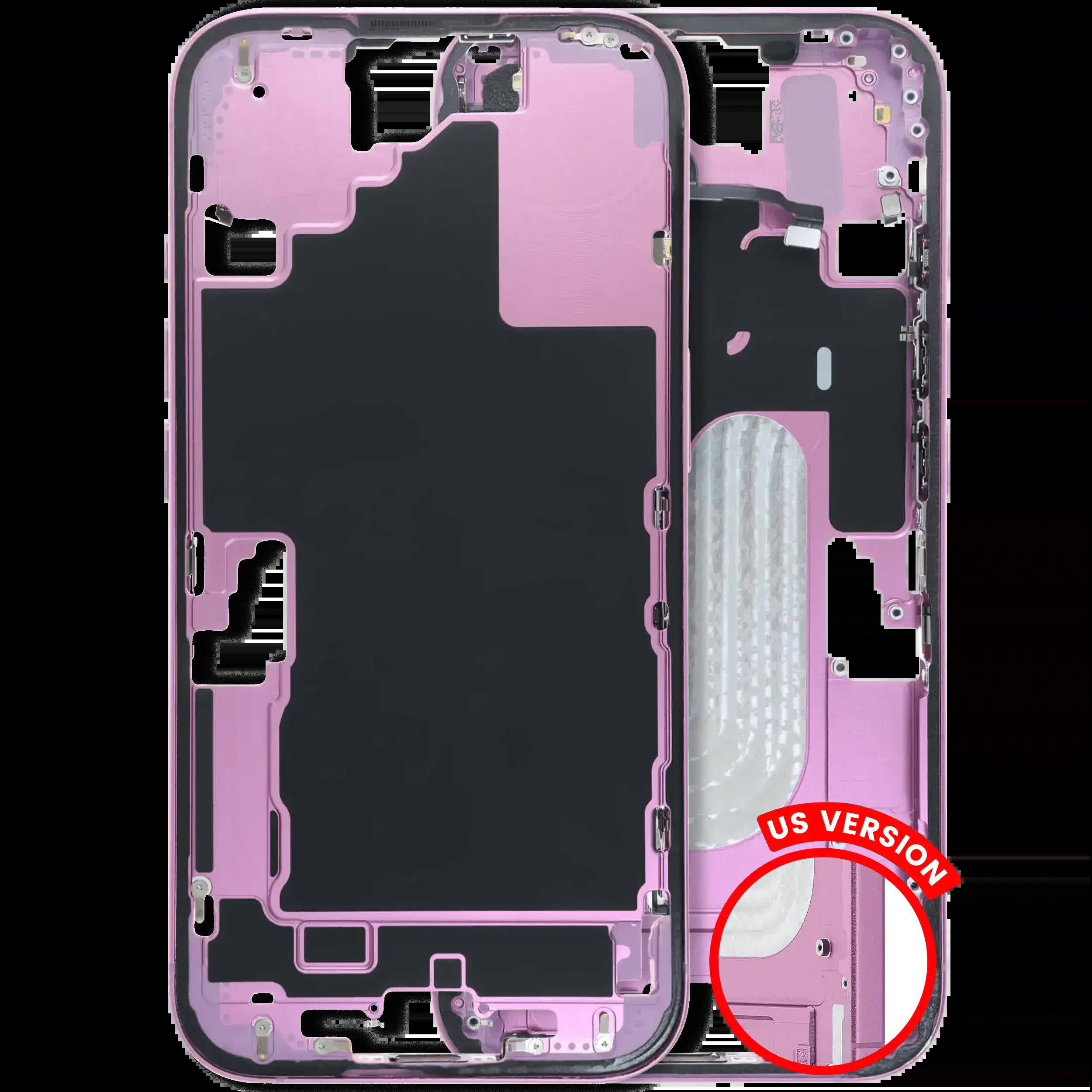 Mittelrahmen mit Kleinteilen für iPhone 16 (US-Version) (ausgebautes Originalteil: Grade B) (Pink (Rosa))