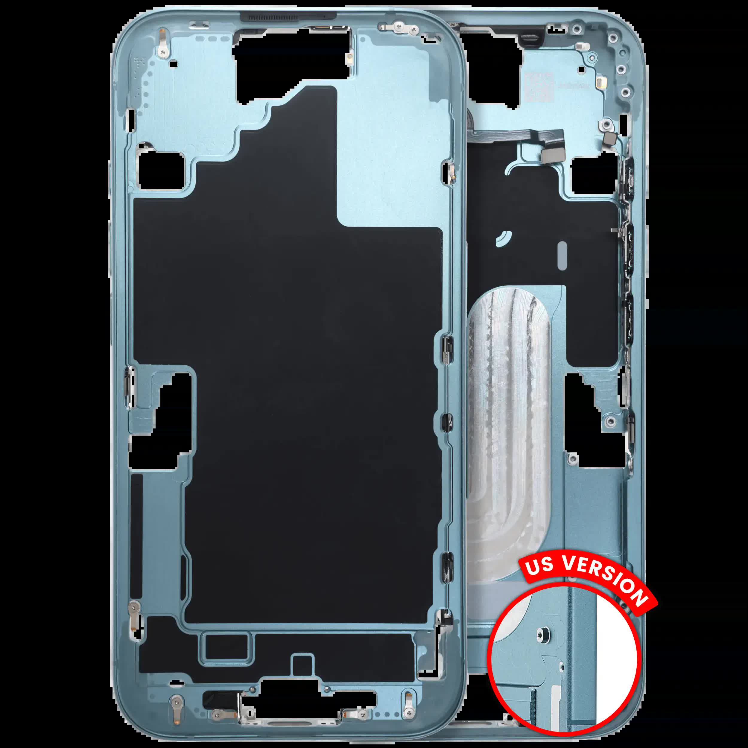 Mittelrahmen mit Kleinteilen für iPhone 16 (US-Version) (ausgebautes Originalteil: Grade C) (Teal)