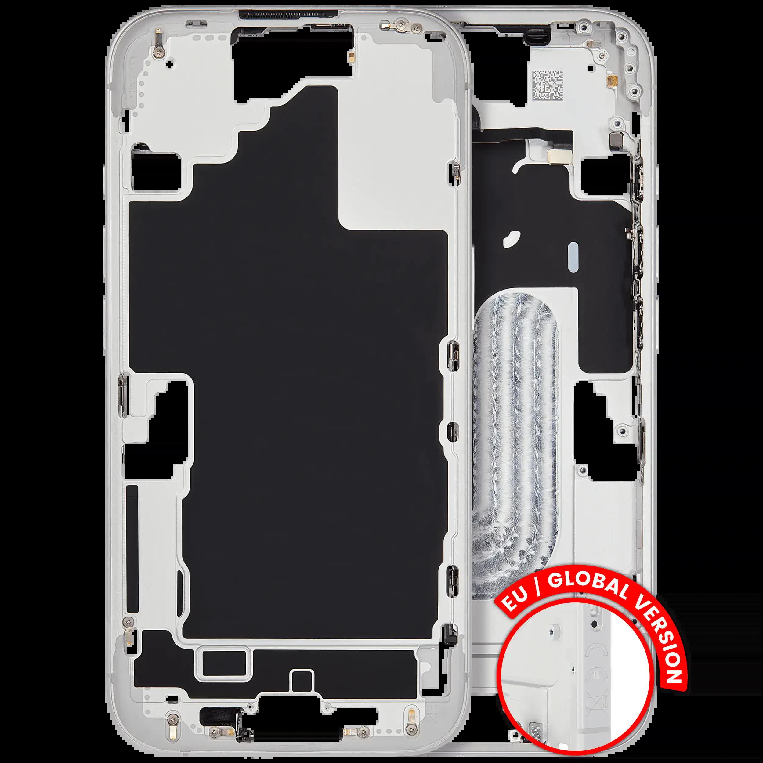 Mittelrahmen mit Kleinteilen für iPhone 16 (EU / globale Version) (ausgebautes Originalteil: Grade C) (White (Weiß))
