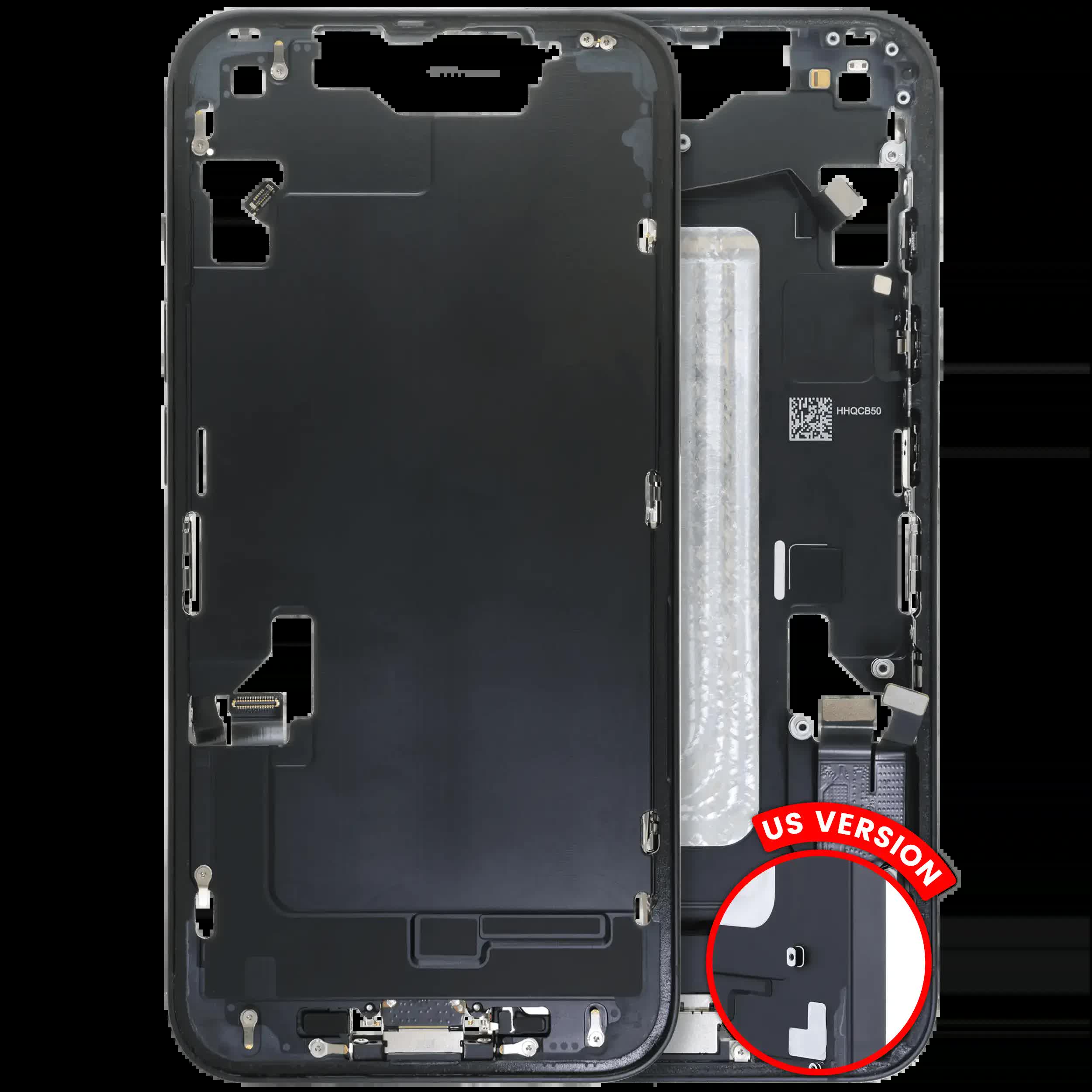 Mittelrahmen mit Ladebuchsen-Flex und Kleinteilen für iPhone 16e / 17e (US-Version) (ausgebautes Originalteil: Grade A) (Black (Schwarz))