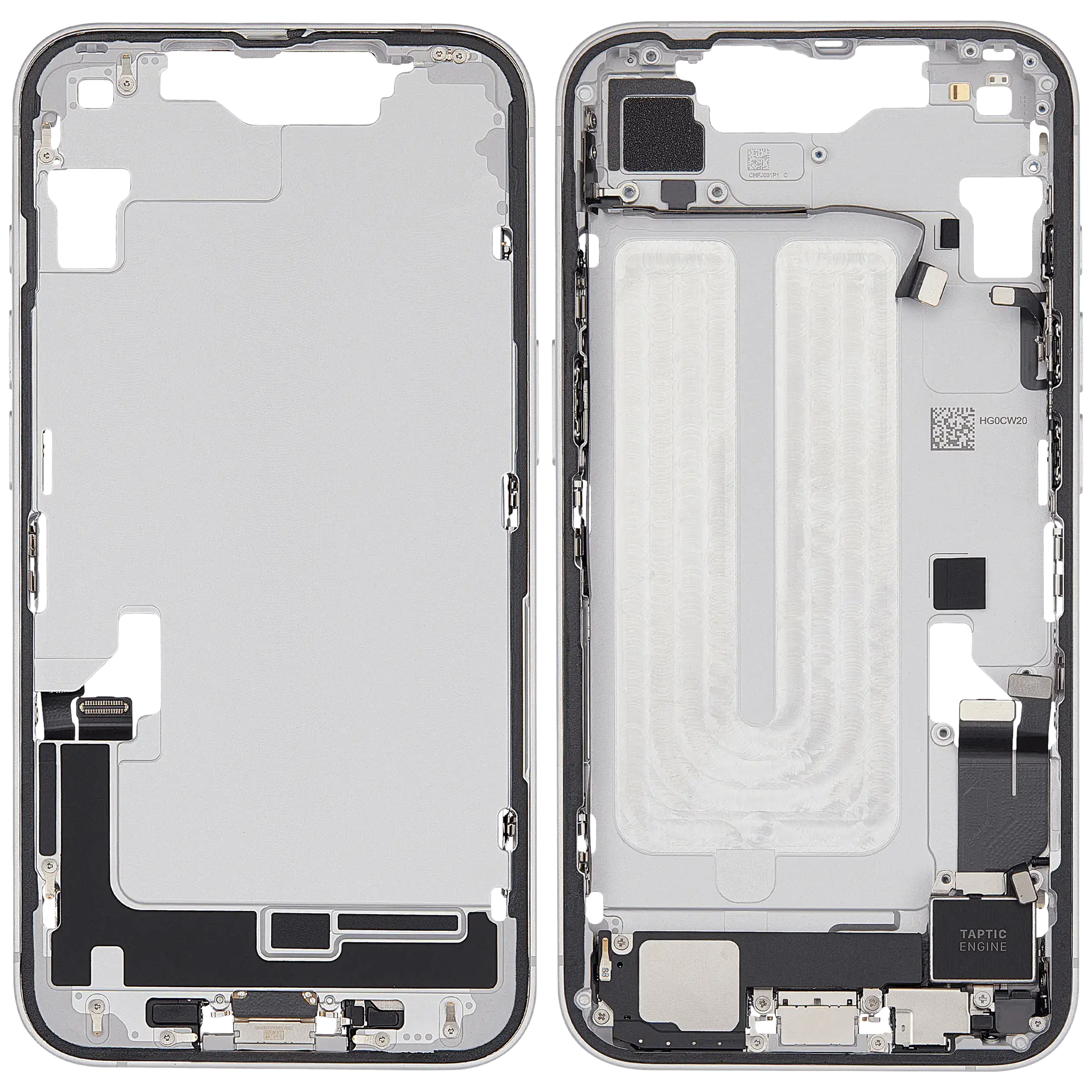 Mittelrahmen mit Ladebuchsen-Flex und Kleinteilen für iPhone 16e / 17e (EU / globale Version) (ausgebautes Originalteil: Grade A) (White (Weiß)) – Bild 2