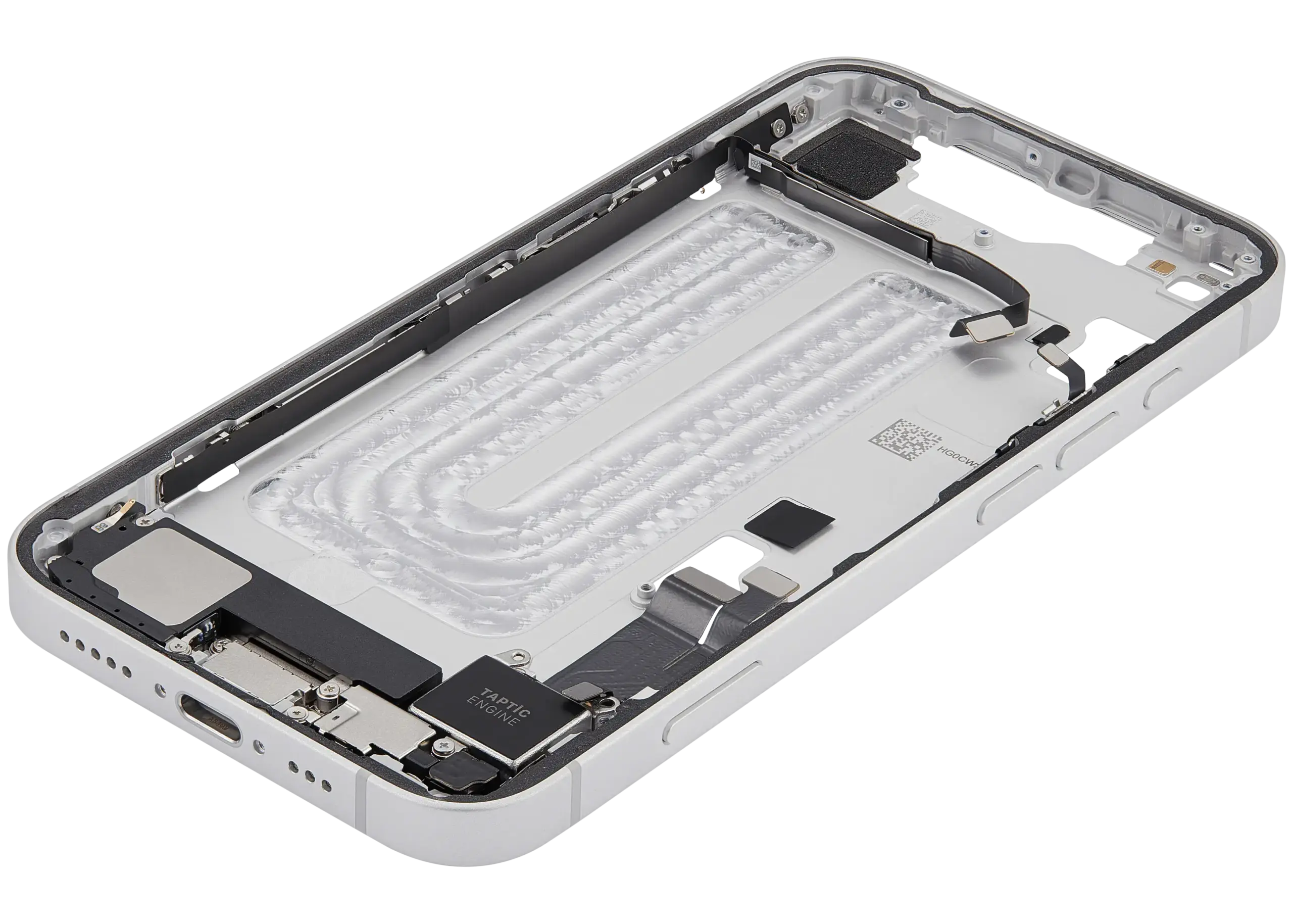 Mittelrahmen mit Ladebuchsen-Flex und Kleinteilen für iPhone 16e / 17e (EU / globale Version) (ausgebautes Originalteil: Grade A) (White (Weiß)) – Bild 4