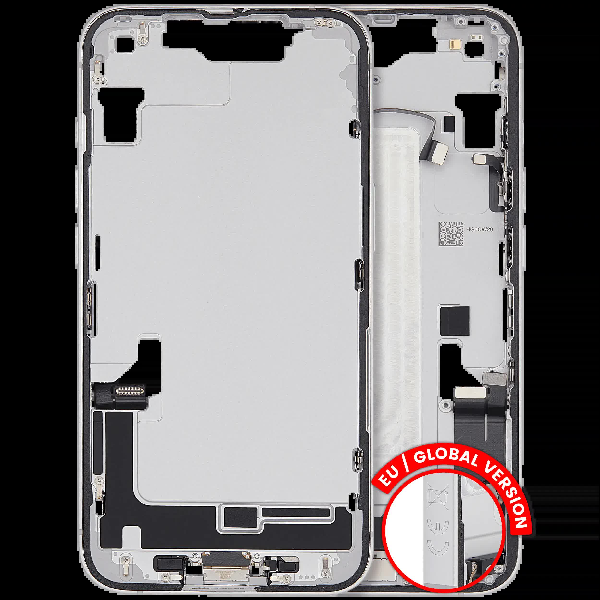 Mittelrahmen mit Ladebuchsen-Flex und Kleinteilen für iPhone 16e / 17e (EU / globale Version) (ausgebautes Originalteil: Grade A) (White (Weiß))