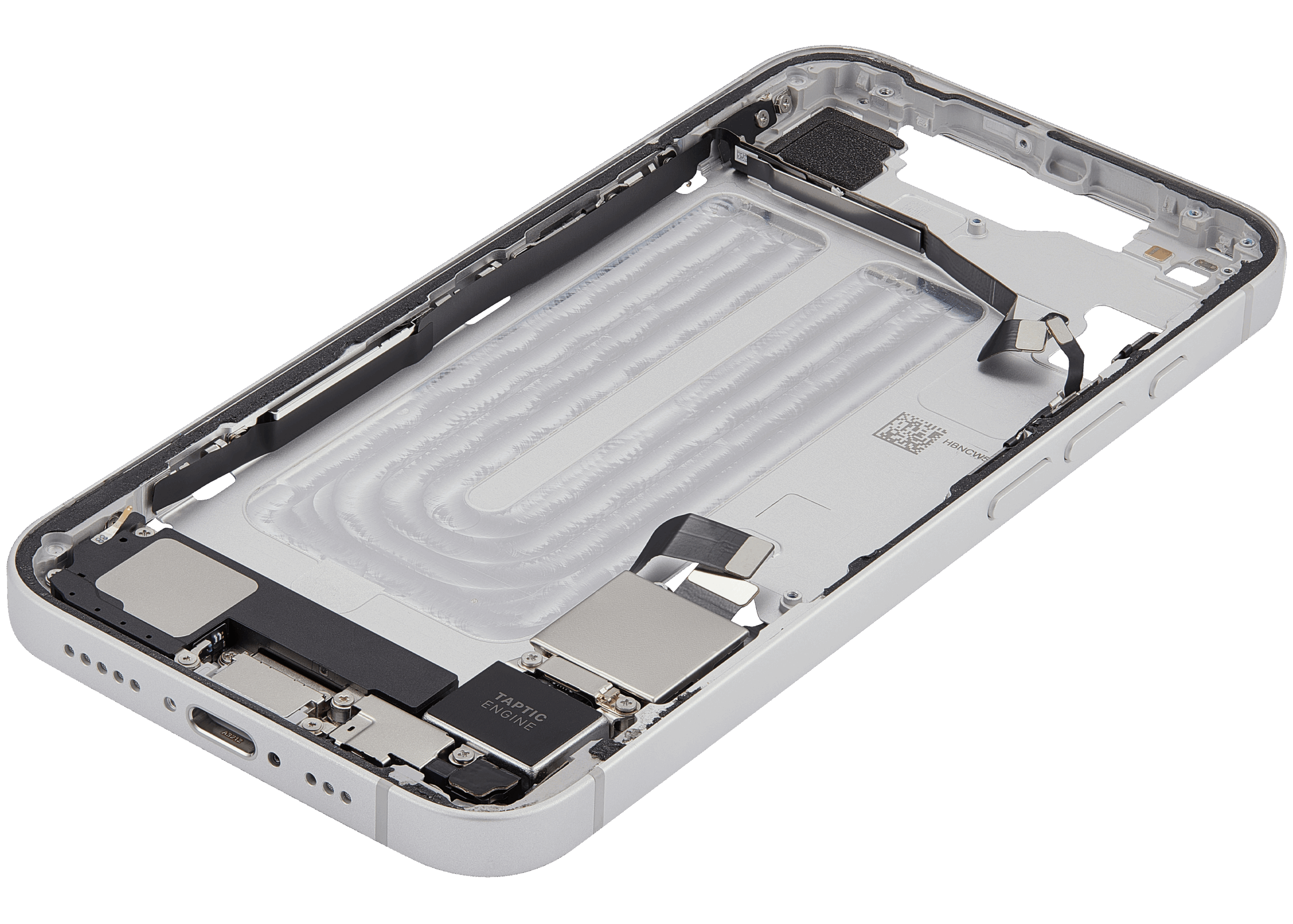 Mittelrahmen mit Ladebuchsen-Flex und Kleinteilen für iPhone 16e / 17e (US-Version) (ausgebautes Originalteil: Grade A) (White (Weiß)) – Bild 2