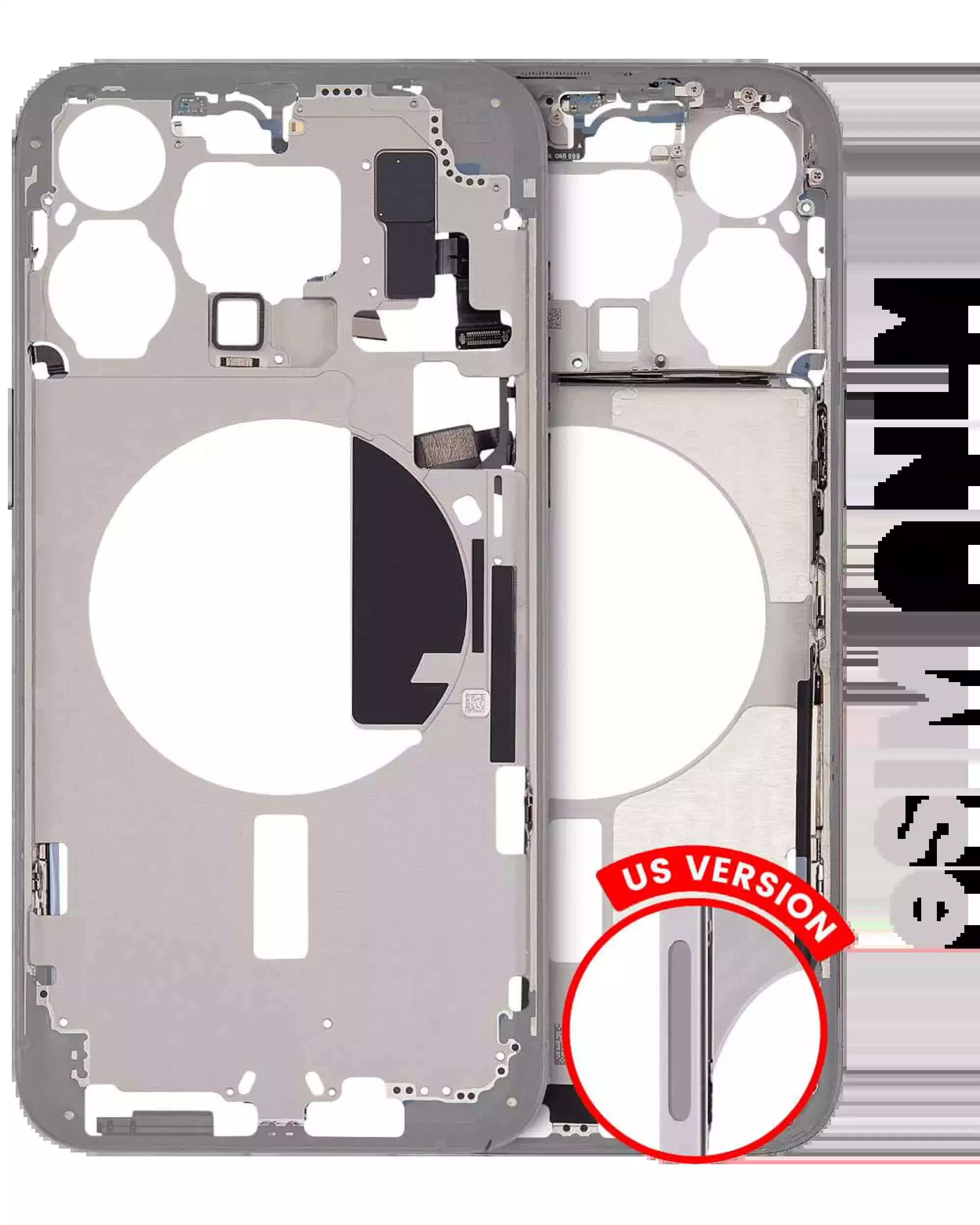 Mittelrahmen mit Kleinteilen für iPhone 15 Pro Max (US-Version) (ausgebautes Originalteil: Grade A) (White Titanium)