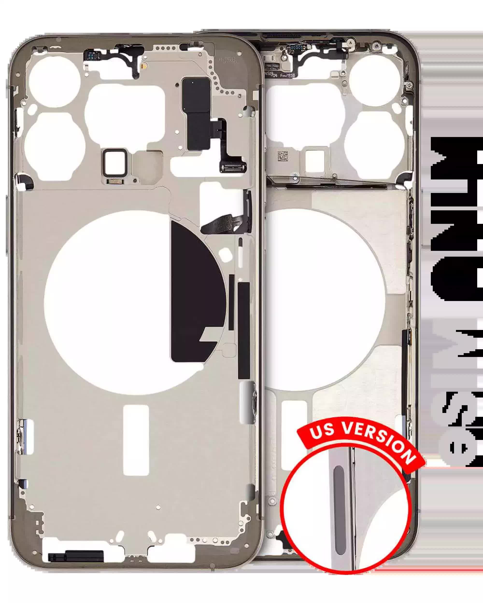 Mittelrahmen mit Kleinteilen für iPhone 15 Pro Max (US-Version) (ausgebautes Originalteil: Grade A) (Natural Titanium)