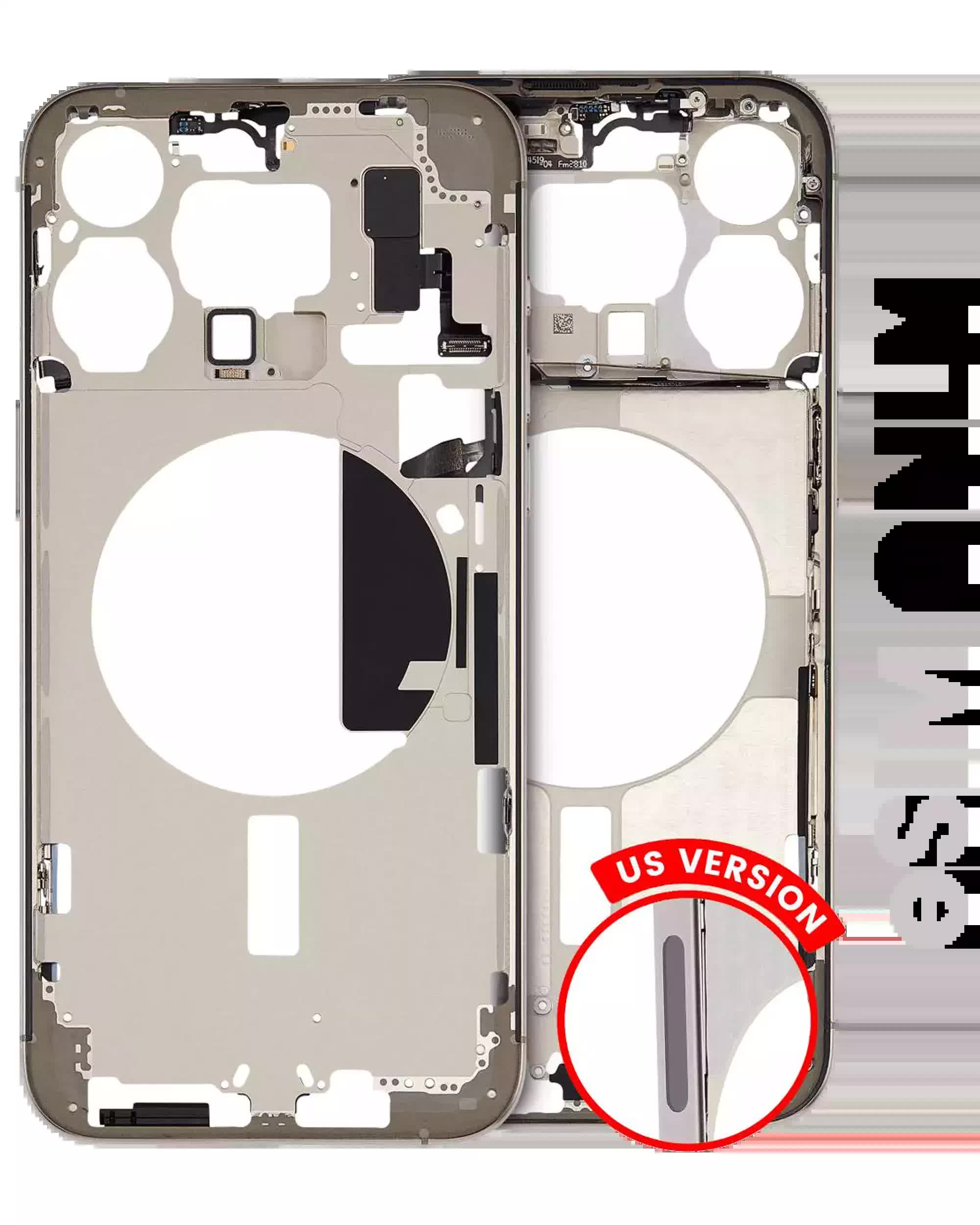 Mittelrahmen mit Kleinteilen für iPhone 15 Pro Max (US-Version) (ausgebautes Originalteil: Grade B) (Natural Titanium)