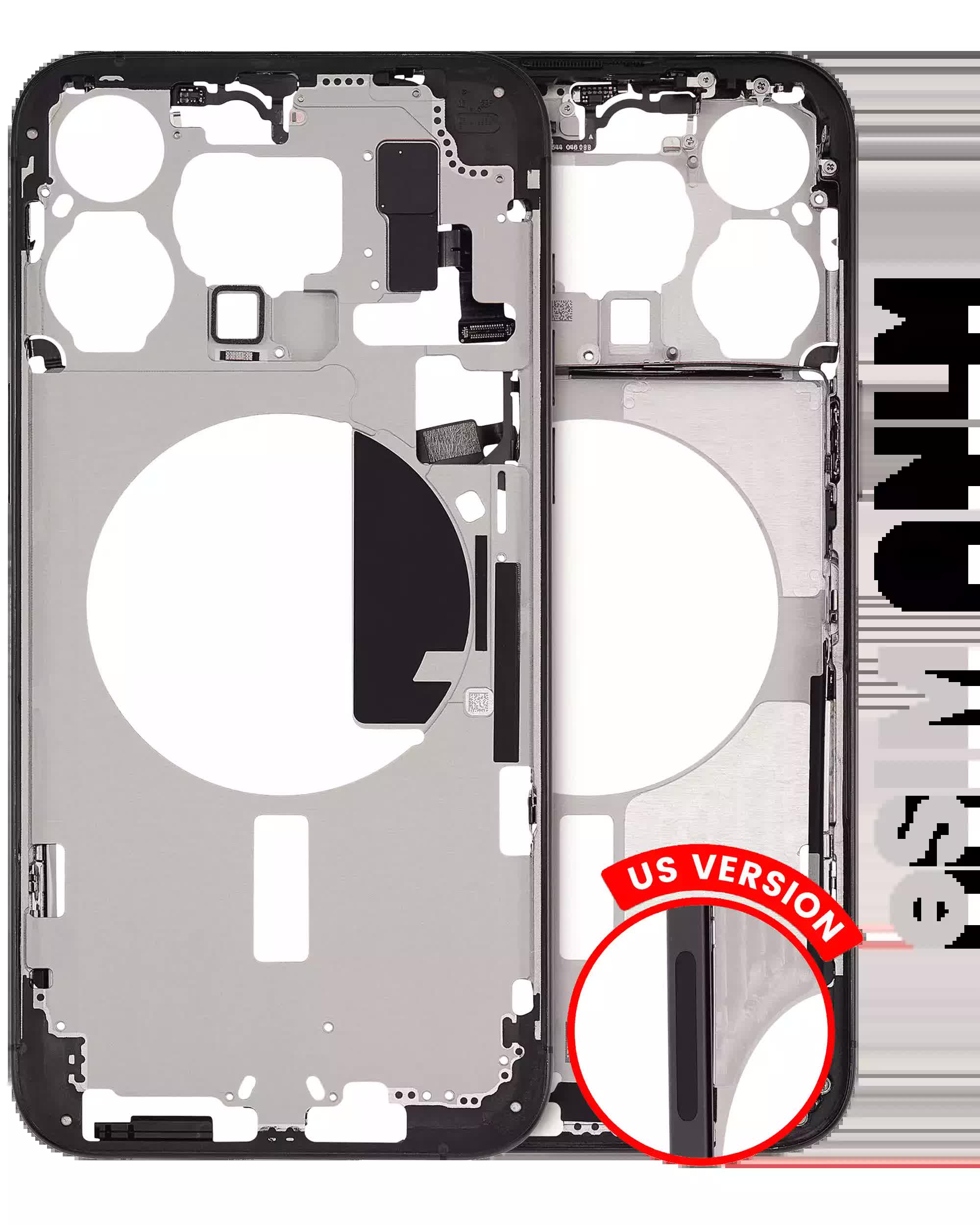 Mittelrahmen mit Kleinteilen für iPhone 15 Pro Max (US-Version) (ausgebautes Originalteil: Grade C) (Black Titanium)