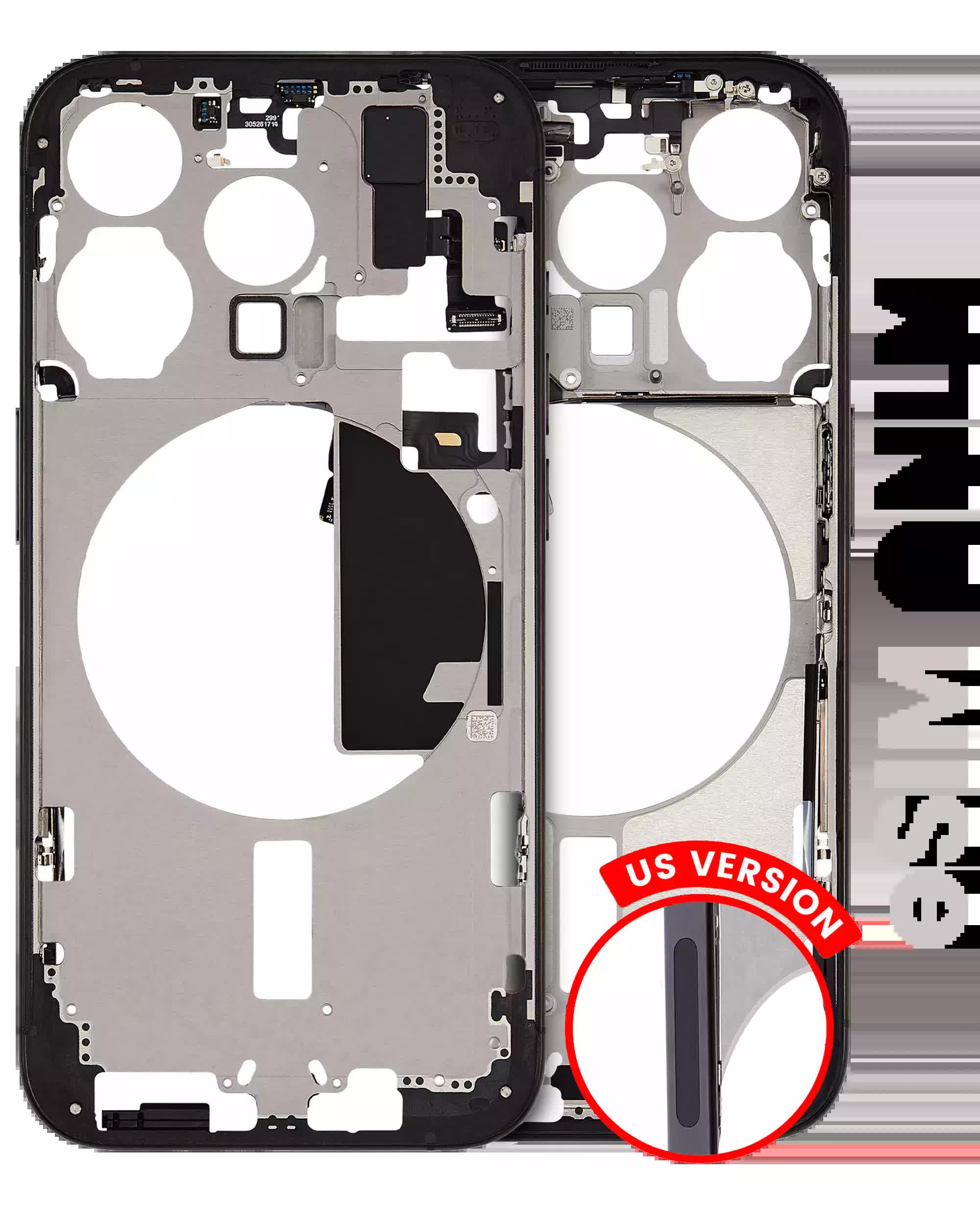 Mittelrahmen mit Kleinteilen für iPhone 15 Pro (US-Version) (ausgebautes Originalteil: Grade A) (Black Titanium)