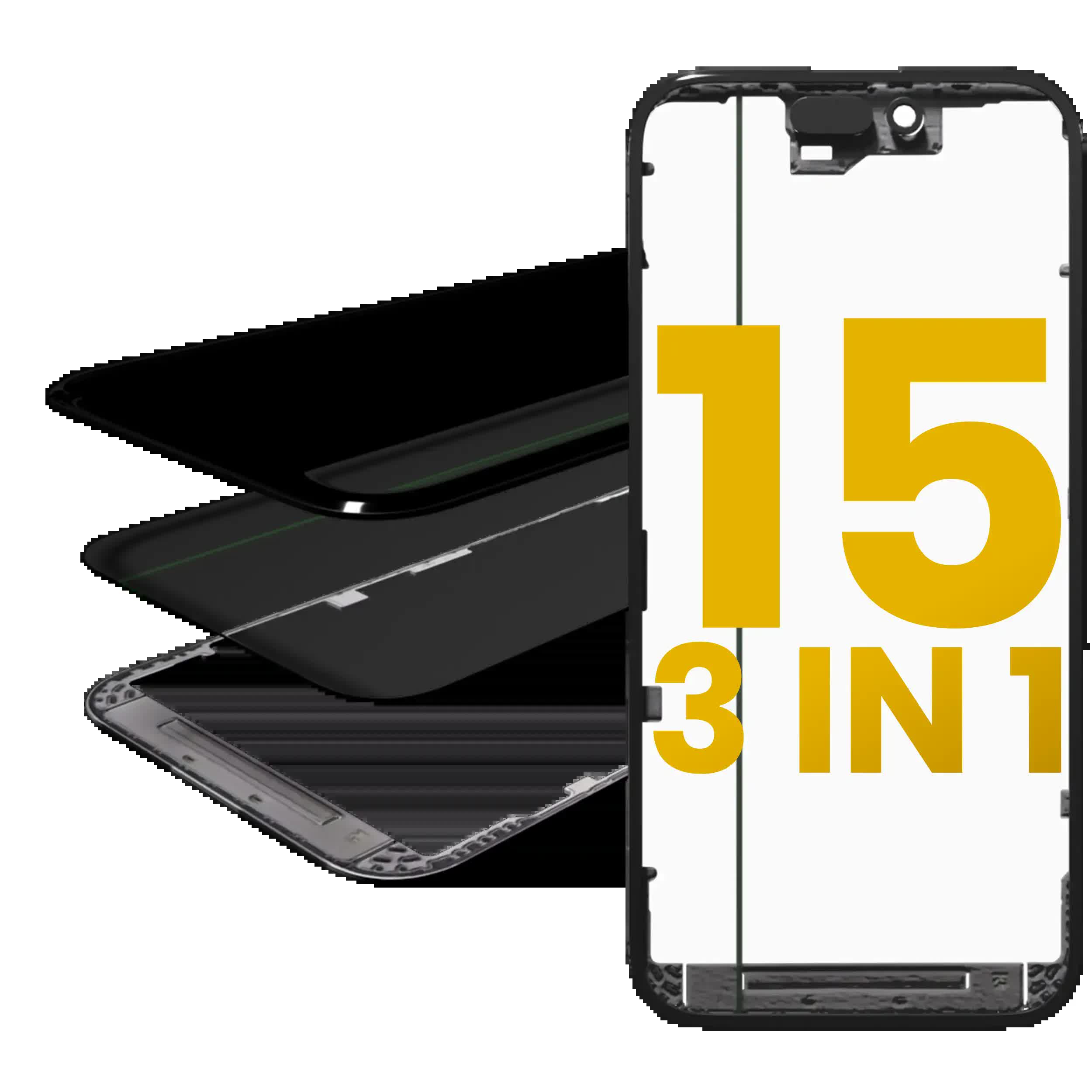 3 in 1 (Glas mit OCA vormontiert + Rahmen) für iPhone 15 (OCA Master)