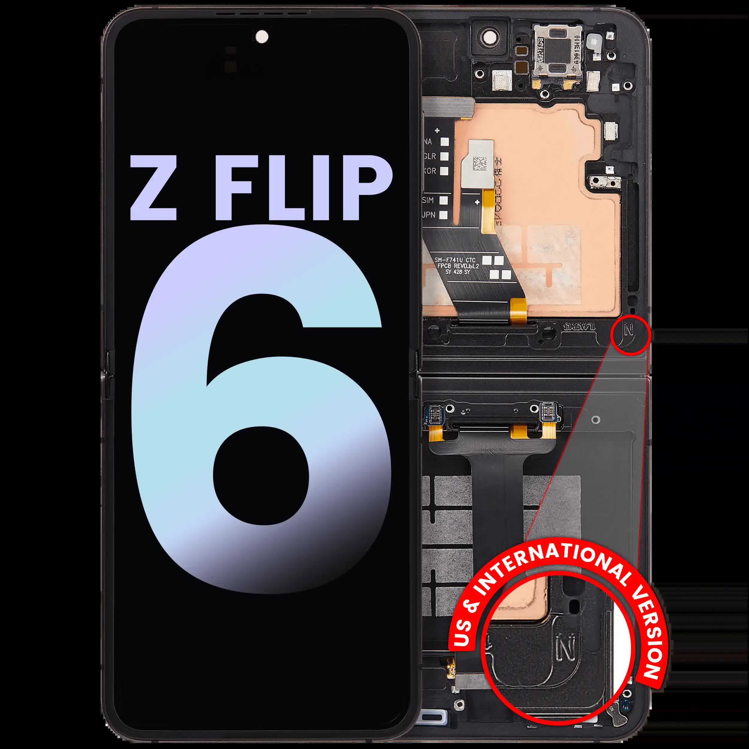 Inner OLED Display mit Rahmen für Samsung Galaxy Z Flip 6 5G (US & International) (Service Pack) (Black (Schwarz))