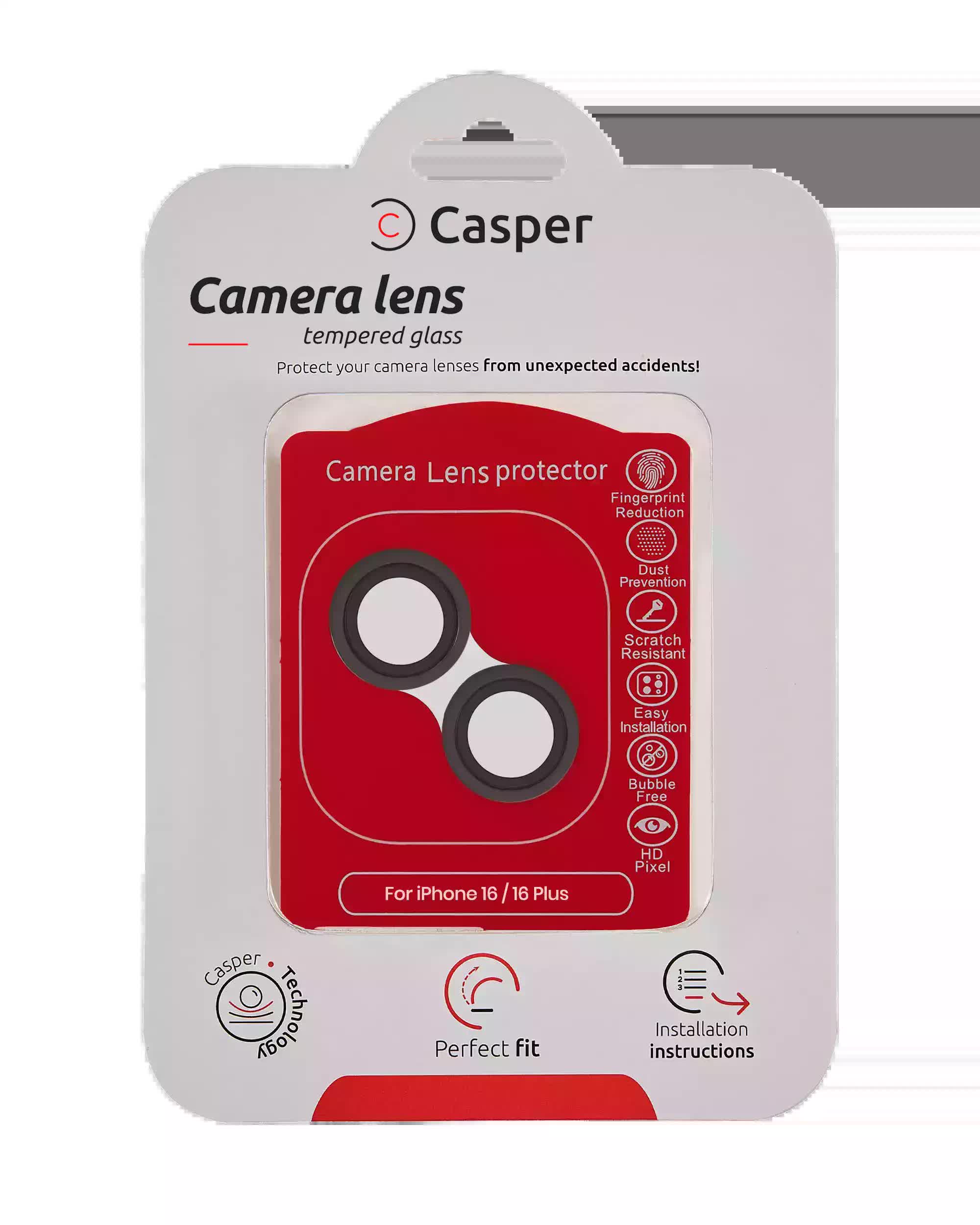 Casper Kameraglas Protector für iPhone 16 / 16 Plus (Black (Schwarz)) (Clear (Transparent))