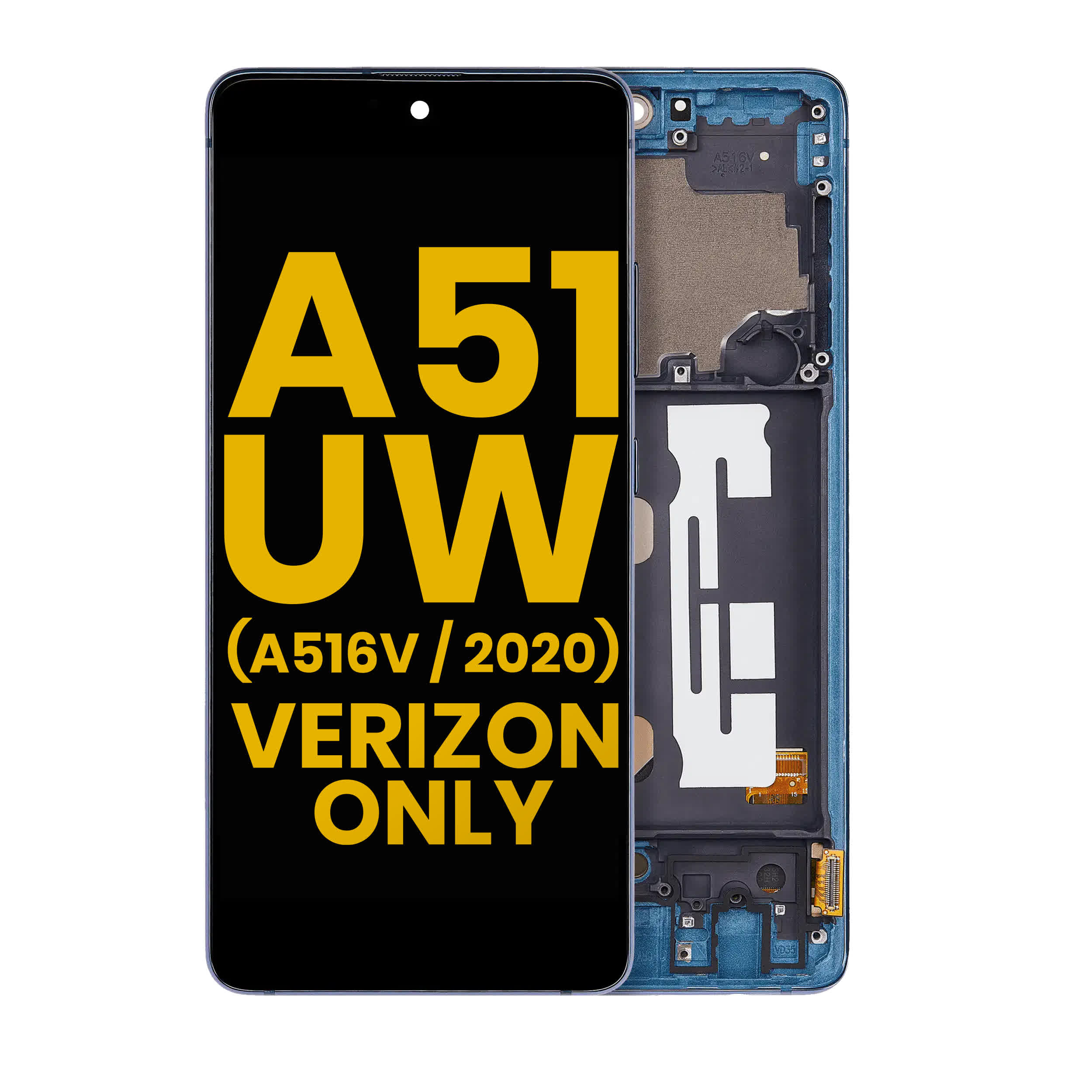 OLED Display mit Rahmen für Samsung Galaxy A51 5G UW (A516V / 2020) (Verizon 5G UW Rahmen einzeln) (professionell aufgearbeitet) (Prism Bricks Blue)