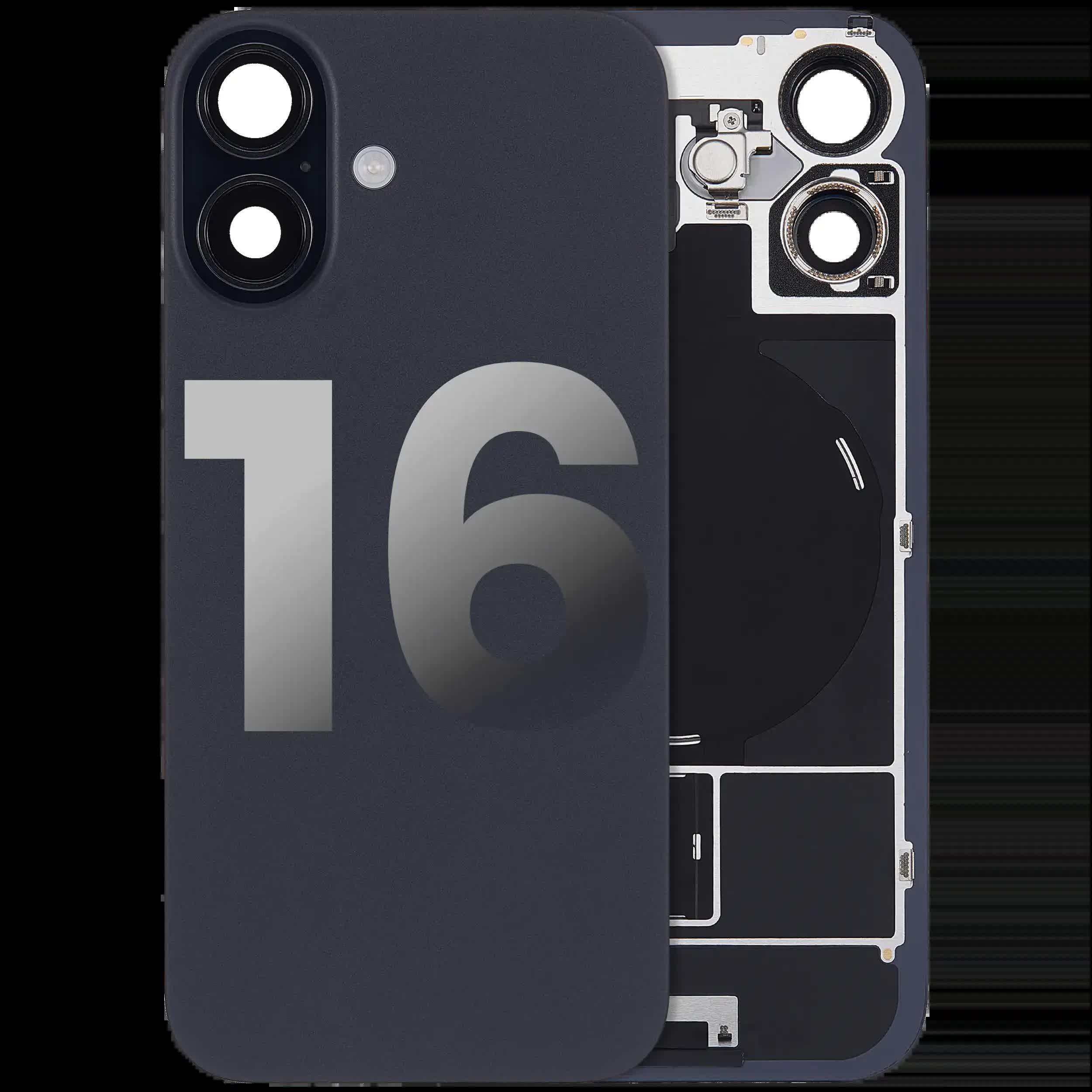 Rückglas mit MagSafe Magnet & NFC & Taschenlampen-Flexkabel für iPhone 16 (ausgebautes Originalteil: Grade B) (Black (Schwarz))
