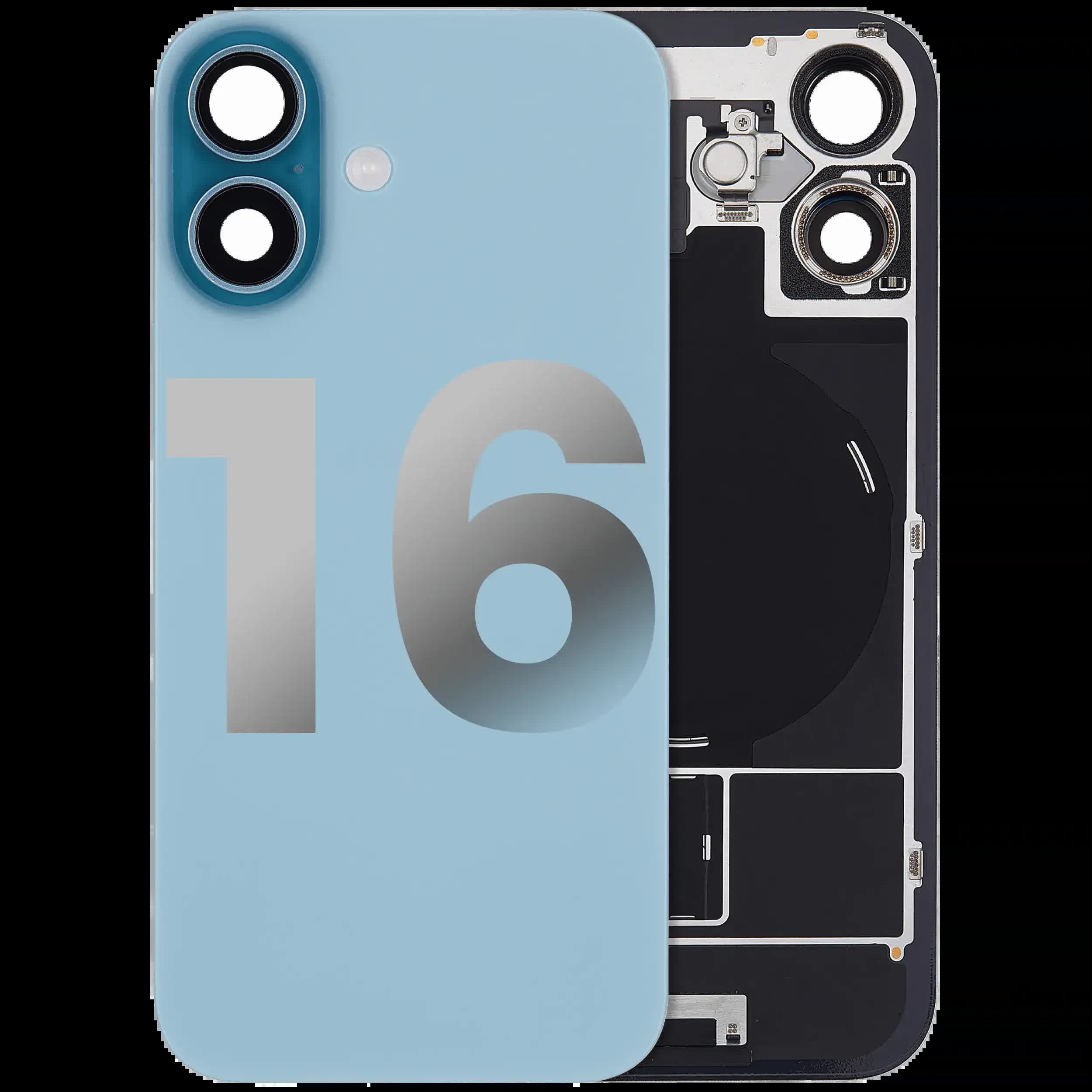 Rückglas mit MagSafe Magnet & NFC & Taschenlampen-Flexkabel für iPhone 16 (ausgebautes Originalteil: Grade B) (Teal)