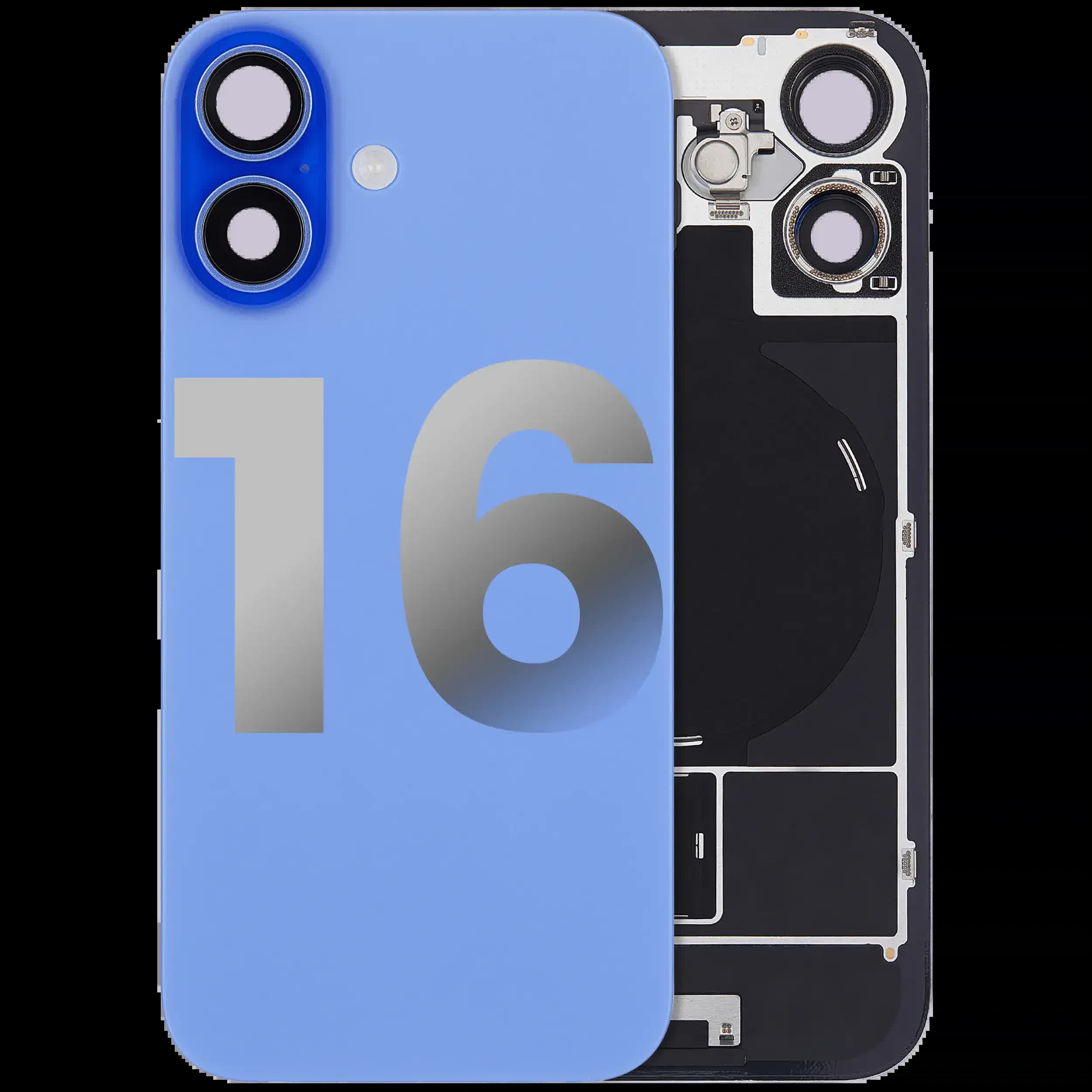 Rückglas mit MagSafe Magnet & NFC & Taschenlampen-Flexkabel für iPhone 16 (ausgebautes Originalteil: Grade B) (Ultramarine)