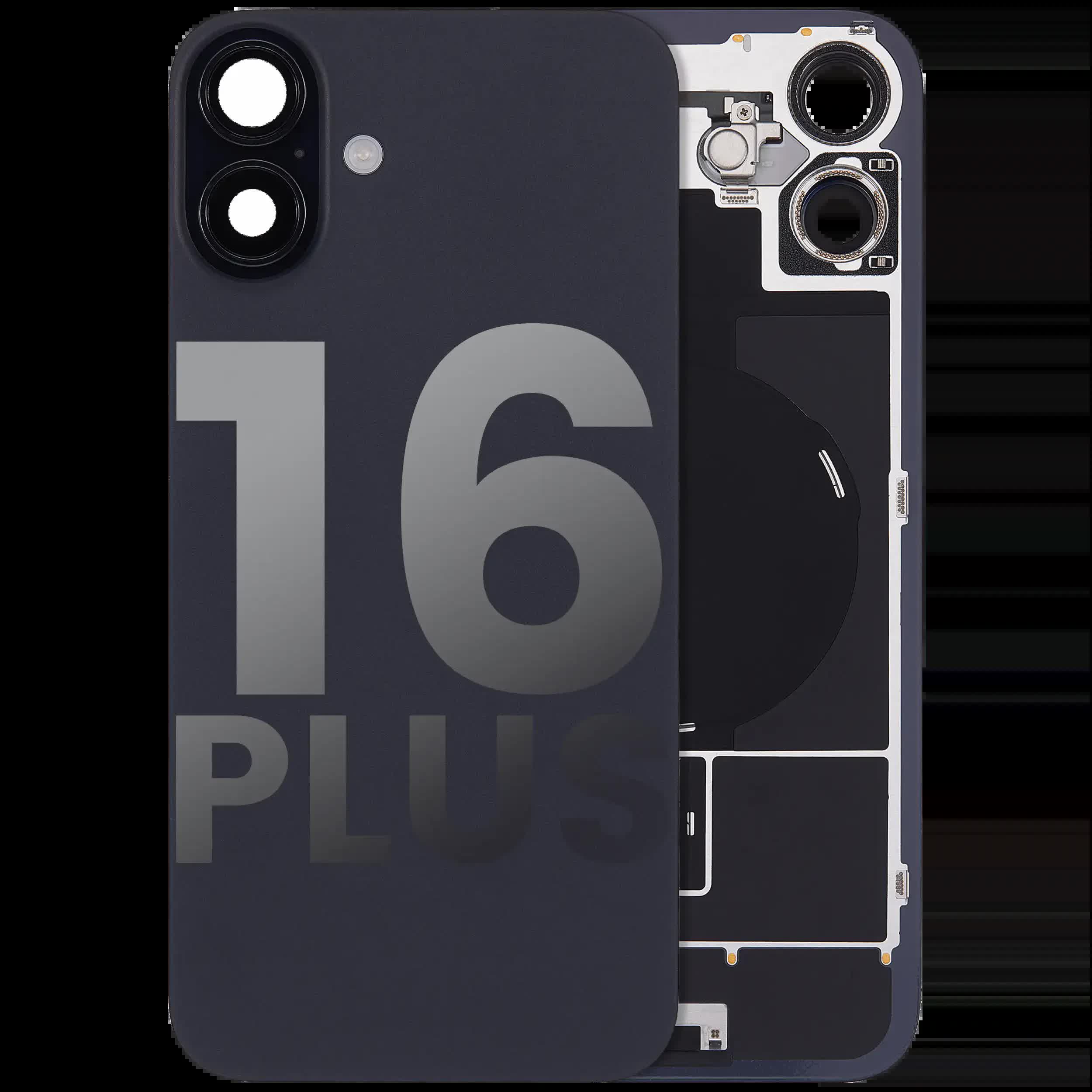 Rückglas mit MagSafe Magnet & NFC & Taschenlampen-Flexkabel für iPhone 16 Plus (ausgebautes Originalteil: Grade B) (Black (Schwarz))