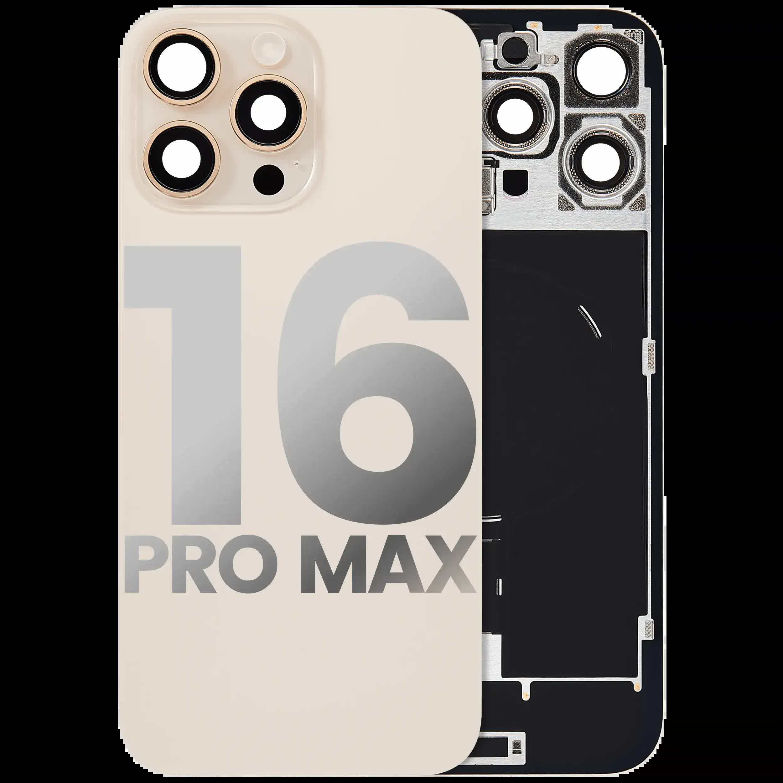Rückglas mit MagSafe Magnet & NFC & Taschenlampen-Flexkabel für iPhone 16 Pro Max (ausgebautes Originalteil: Grade B) (Desert Titanium)