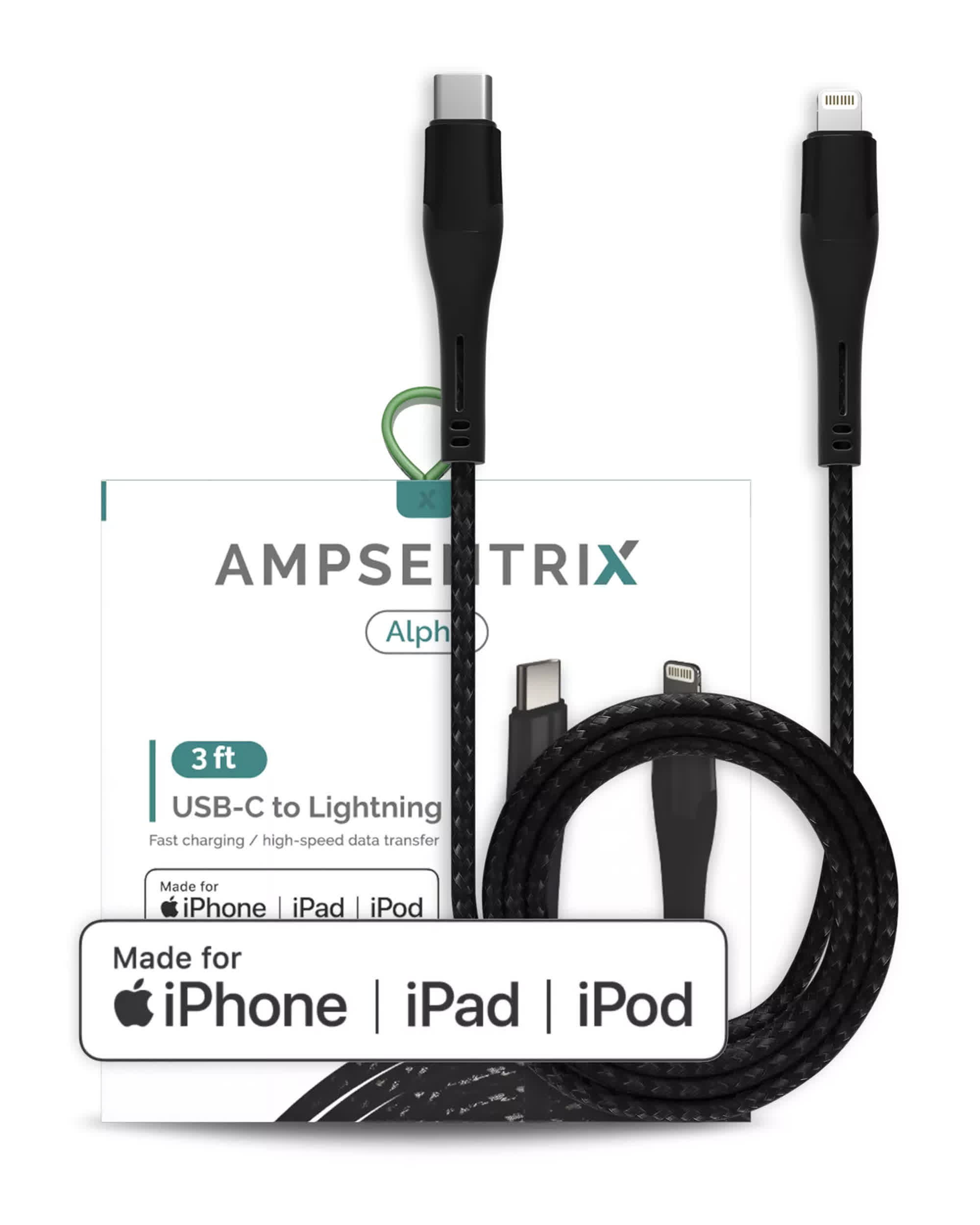 Lightning To USB Type C Kabel (MFI) (1 m / 3 ft) (AmpSentrix Alpha) (Black (Schwarz))