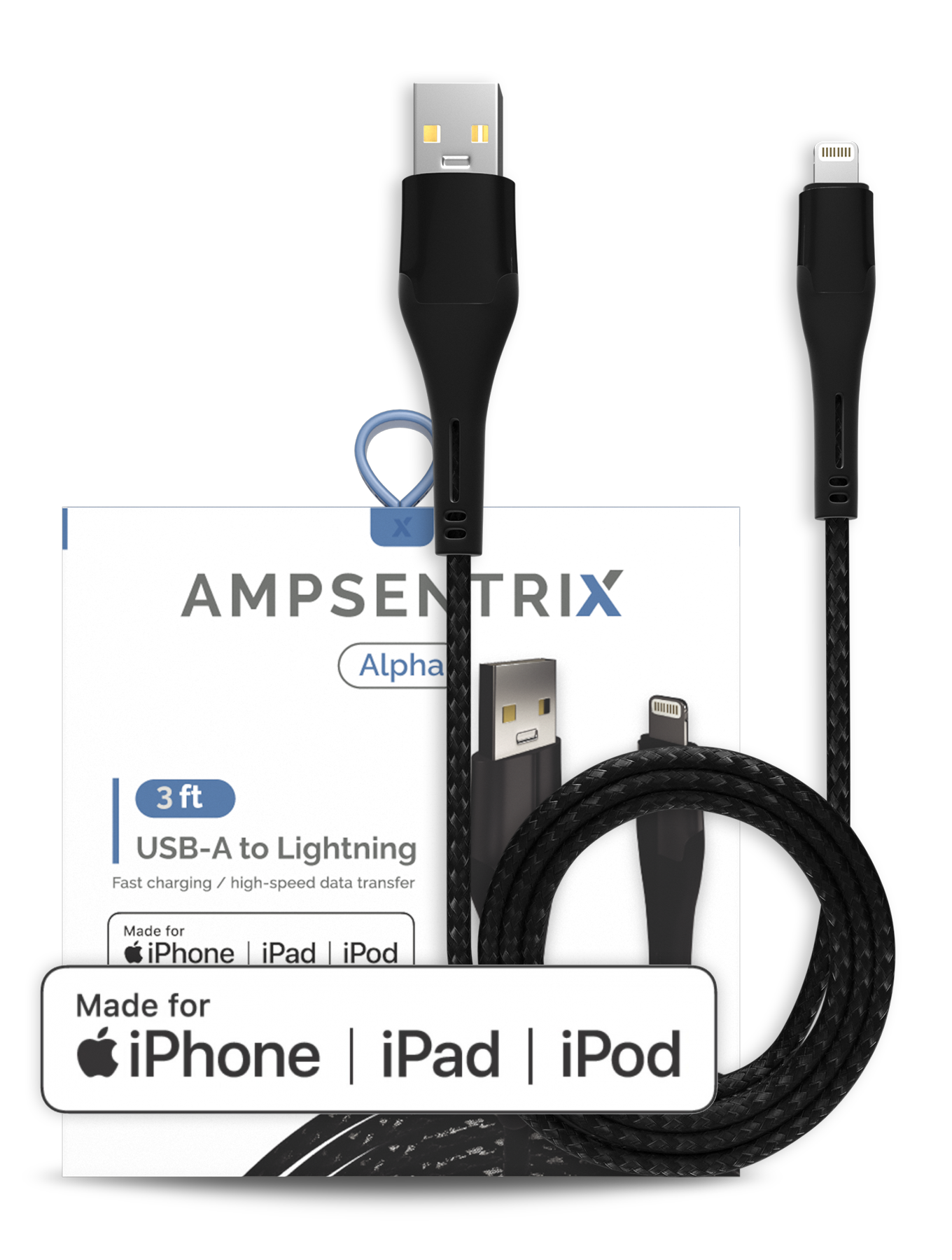 Lightning To USB Type A Kabel (MFI) (1 m / 3 ft) (AmpSentrix Alpha) (Black (Schwarz)) – Bild 3