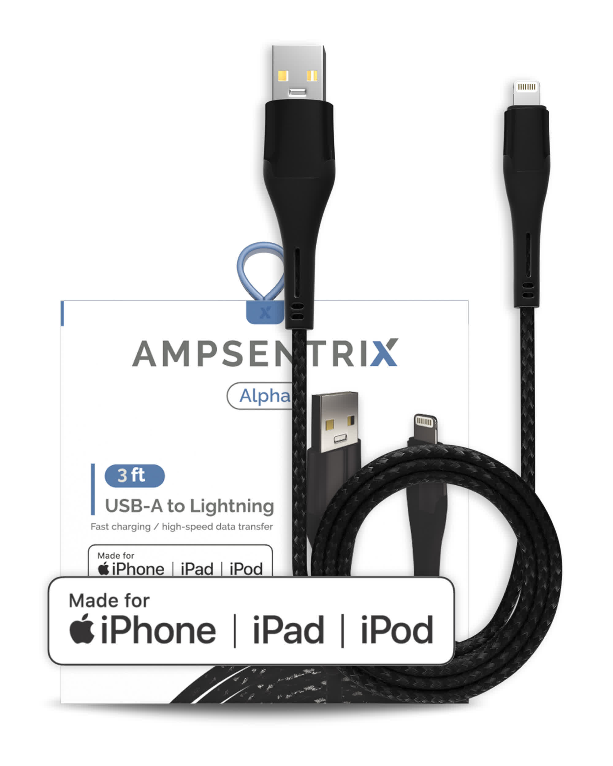 Lightning To USB Type A Kabel (MFI) (1 m / 3 ft) (AmpSentrix Alpha) (Black (Schwarz))