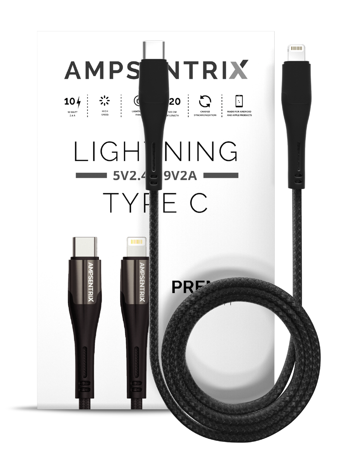 Lightning To USB Type C Kabel (Non-MFI) (1 m / 3 ft) (AmpSentrix Matrix) (Black (Schwarz)) – Bild 4