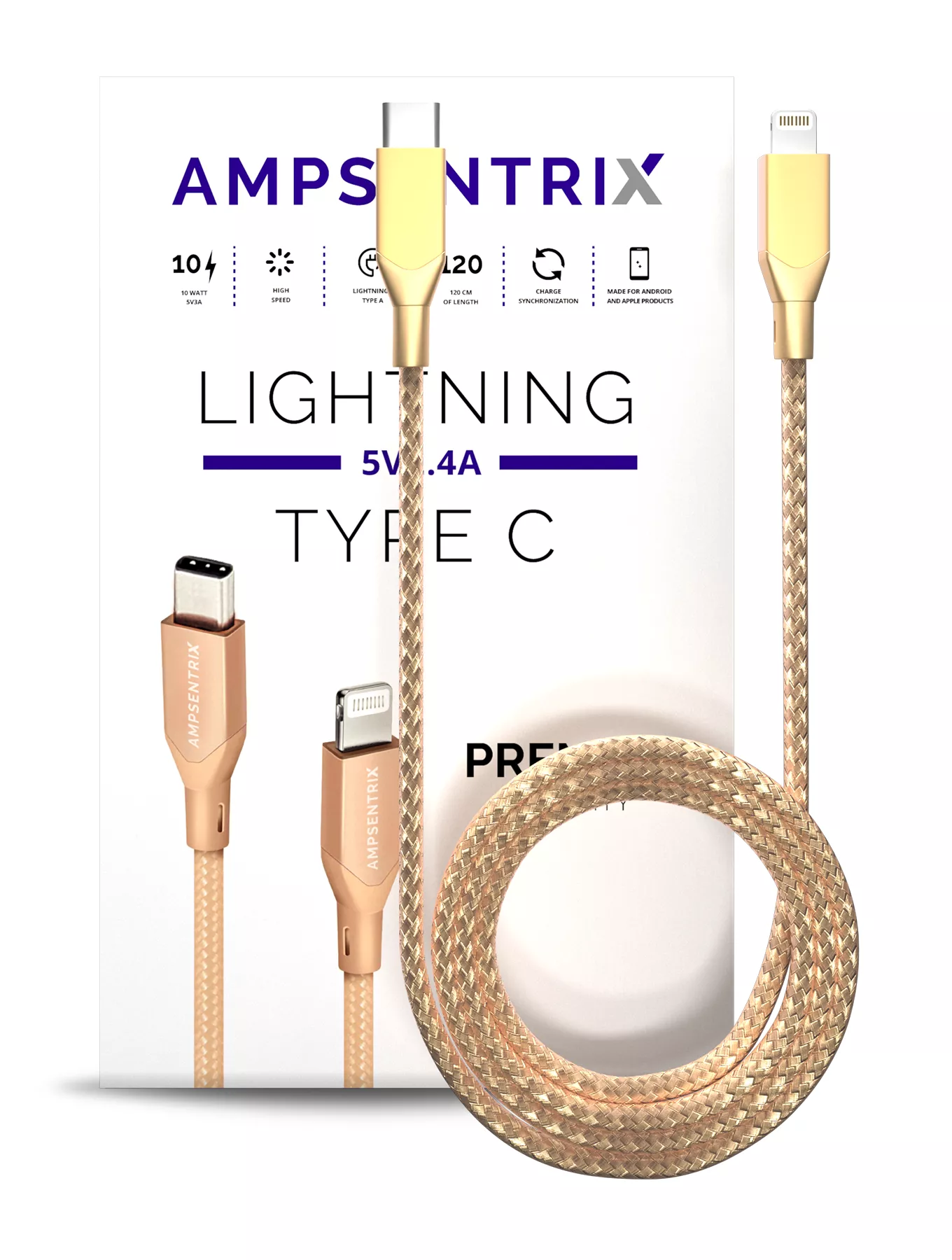 Lightning To USB Type C Kabel (Non-MFI) (1 m / 3 ft) (AmpSentrix Infinity) (Gold) – Bild 2