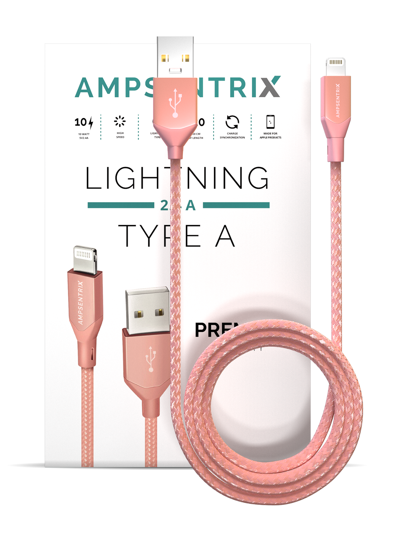 USB Type A To Lightning Kabel (Non-MFI) (1 m / 3 ft) (AmpSentrix Infinity) (Pink (Rosa)) – Bild 4
