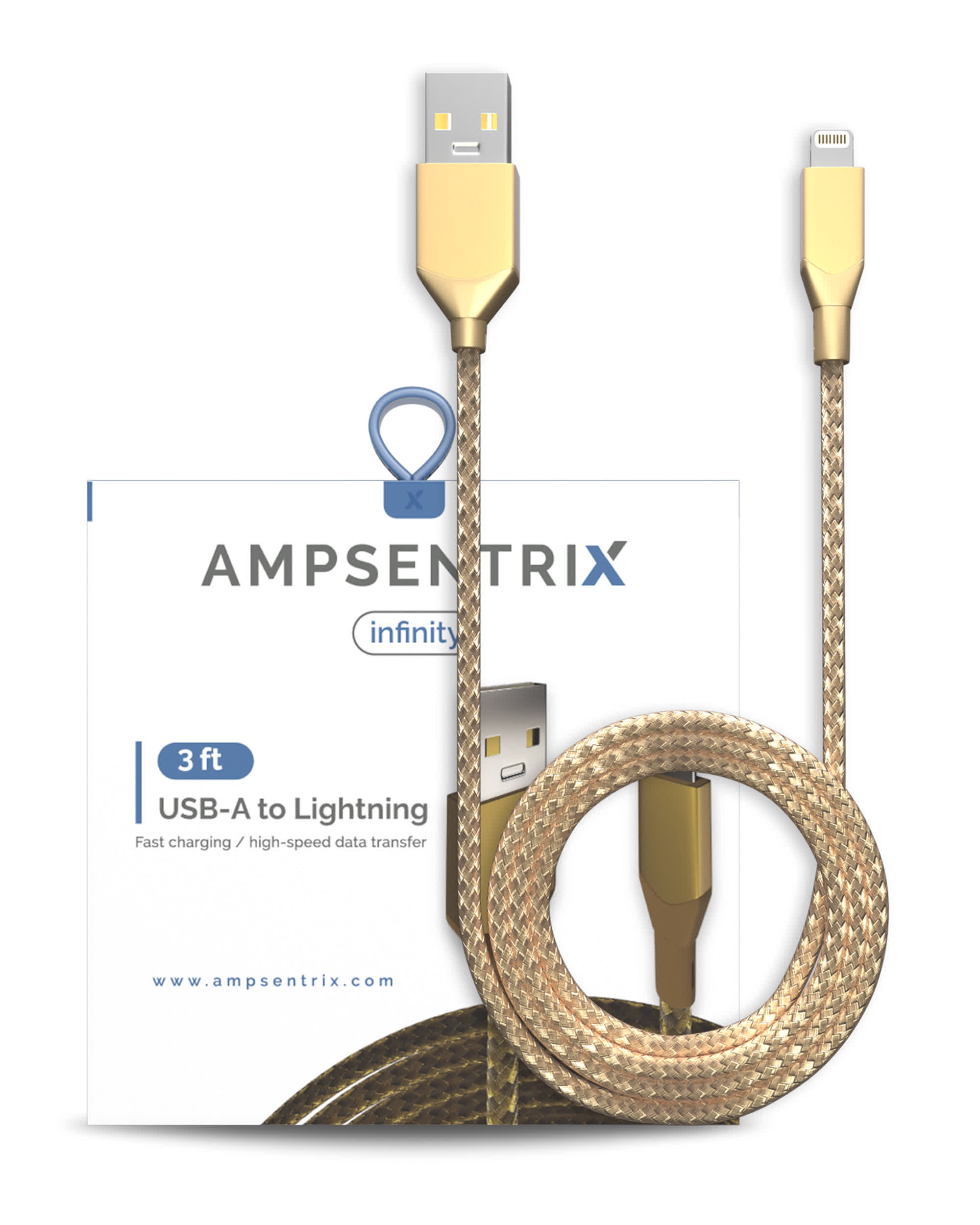 USB Type A To Lightning Kabel (Non-MFI) (1 m / 3 ft) (AmpSentrix Infinity) (Gold)