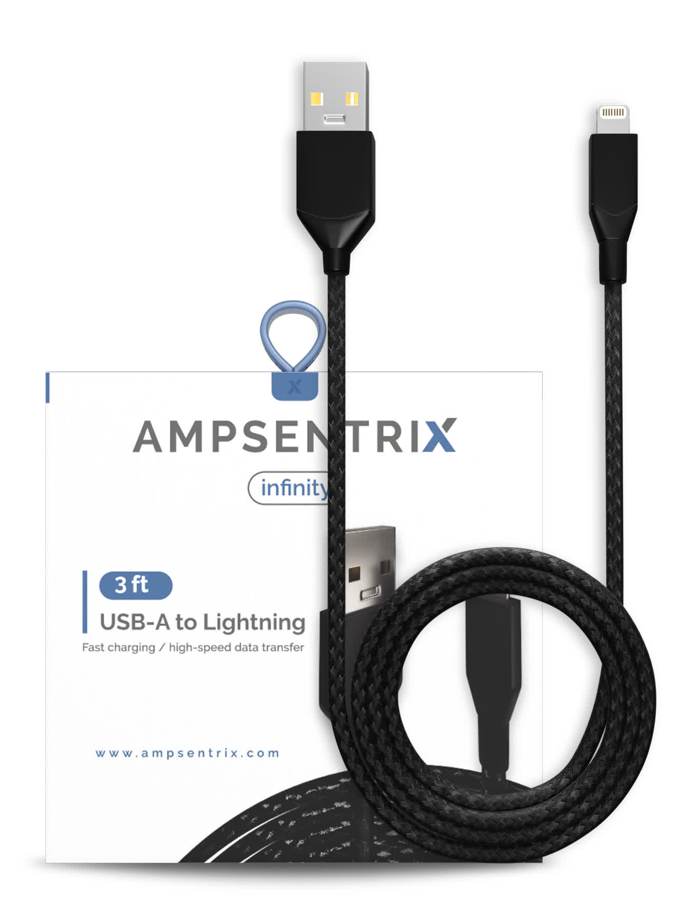 USB Type A To Lightning Kabel (Non-MFI) (1 m / 3 ft) (AmpSentrix Infinity) (Black (Schwarz))