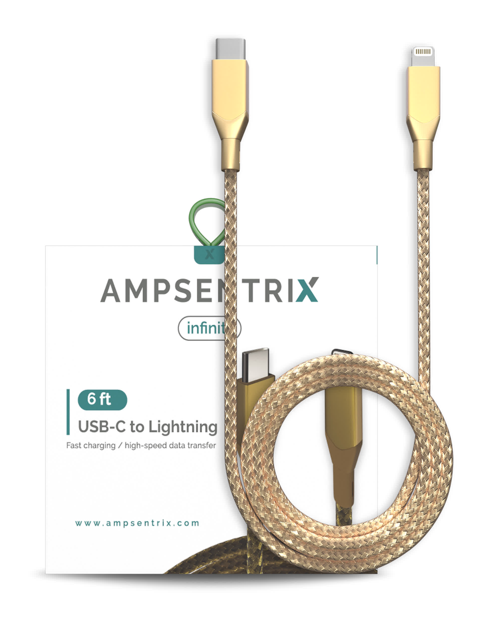 USB Type C To Lightning Kabel (Non-MFI) (1.8 m / 6 ft) (AmpSentrix Infinity) (Gold)