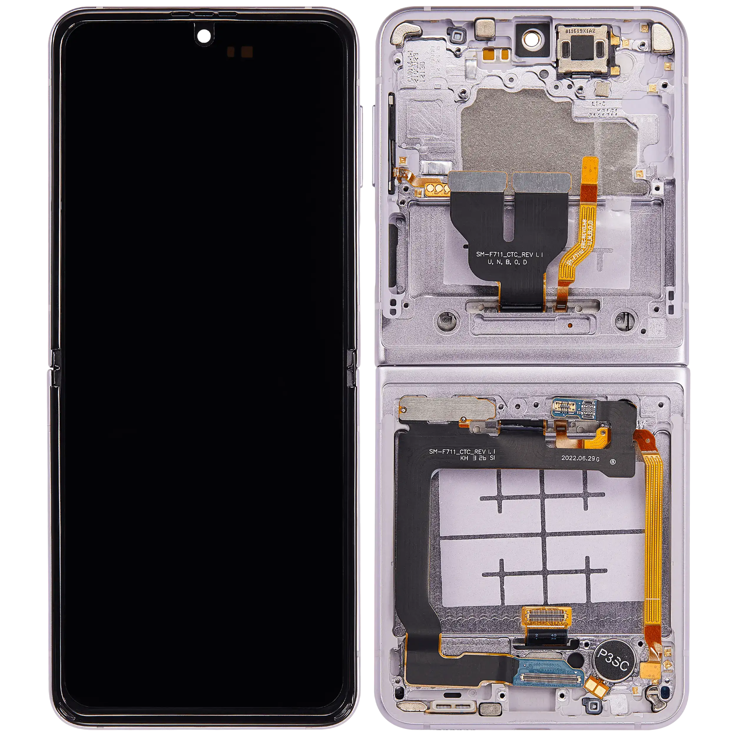 Inner OLED Display mit Rahmen für Samsung Galaxy Z Flip 3 5G (F711) (US & International) (Aftermarket Plus) (Lavender) – Bild 2