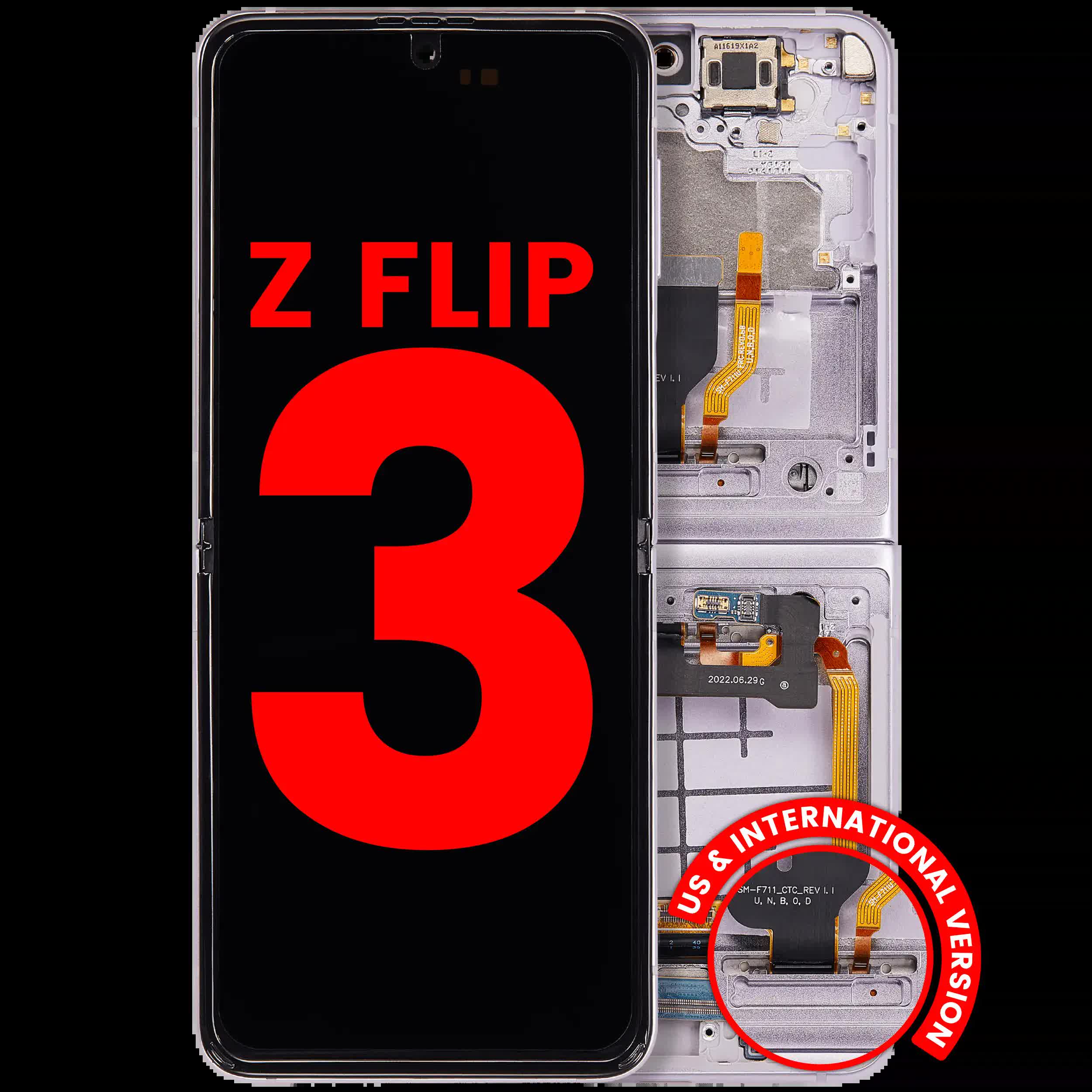 Inner OLED Display mit Rahmen für Samsung Galaxy Z Flip 3 5G (F711) (US & International) (Aftermarket Plus) (Lavender)
