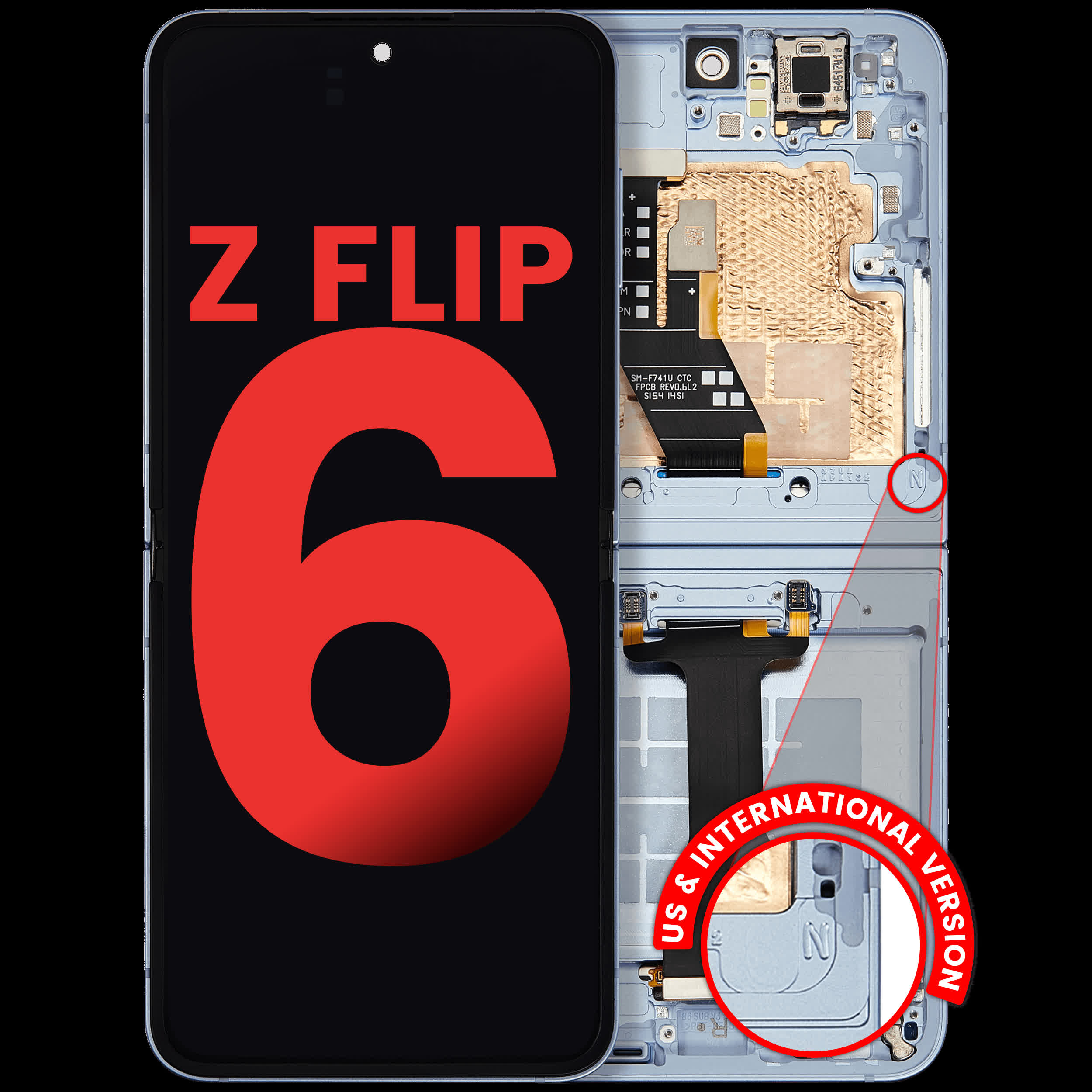 Inner OLED Display mit Rahmen für Samsung Galaxy Z Flip 6 5G (F741) (US & International) (Aftermarket Plus) (Blue (Blau))