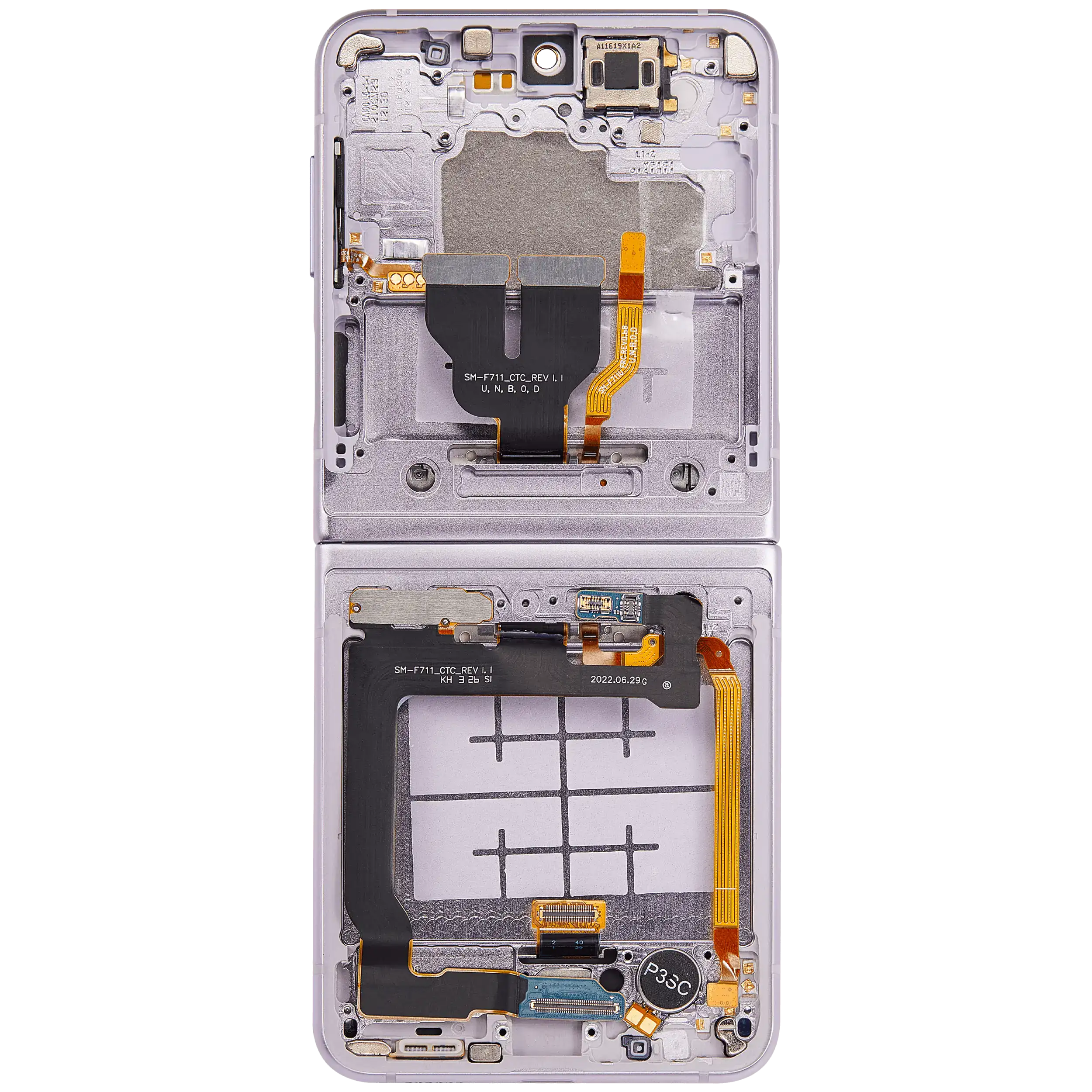 Inner OLED Display mit Rahmen für Samsung Galaxy Z Flip 3 5G (F711) (US & International) (Aftermarket) (Lavender) – Bild 4