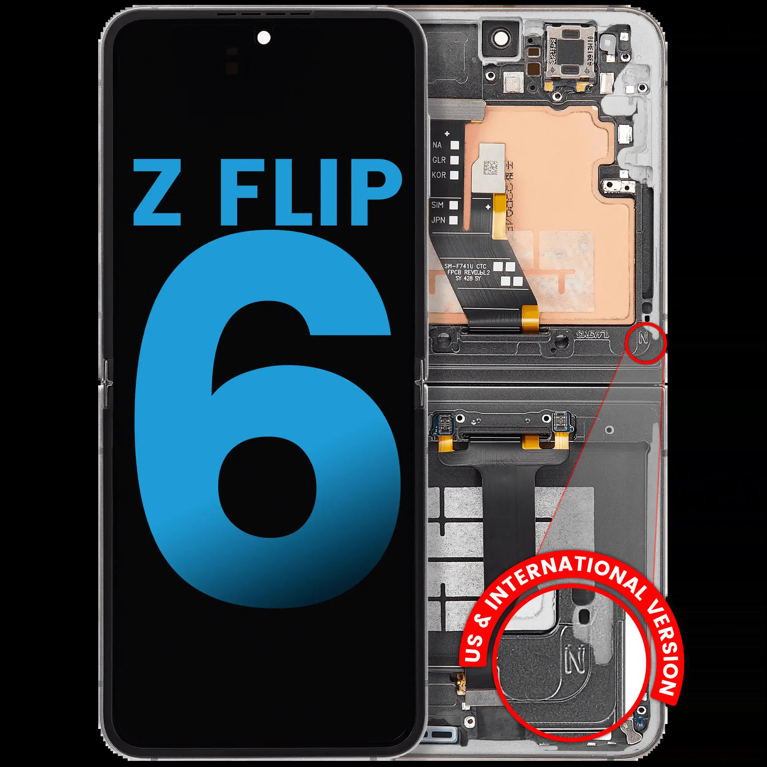 Inner OLED Display mit Rahmen für Samsung Galaxy Z Flip 6 5G (F741) (US & International) (Aftermarket) (Silver Shadow)